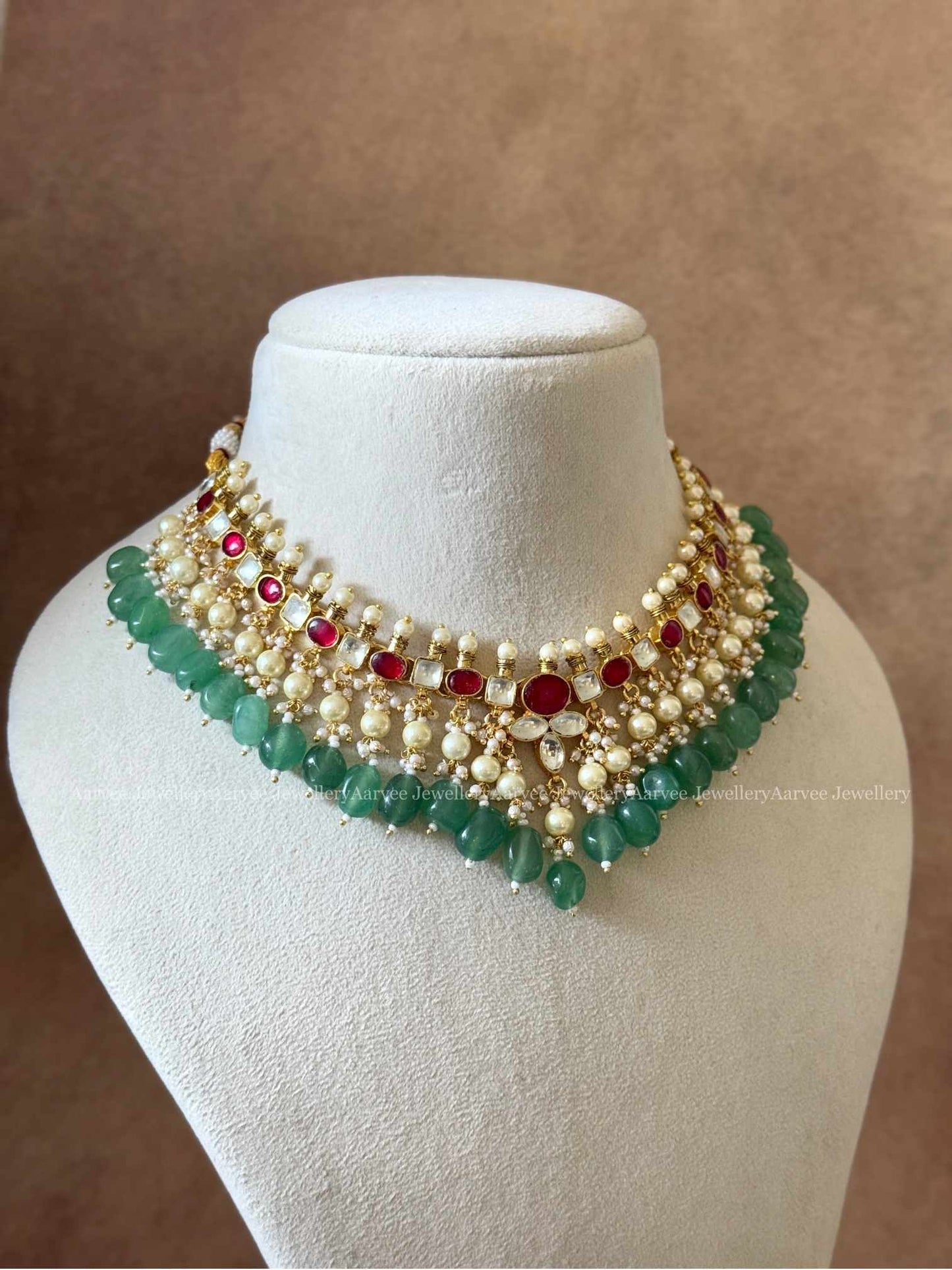 POLKI KUNDAN RUBY STONES NECKLACE SET WITH PASTEL BEADS