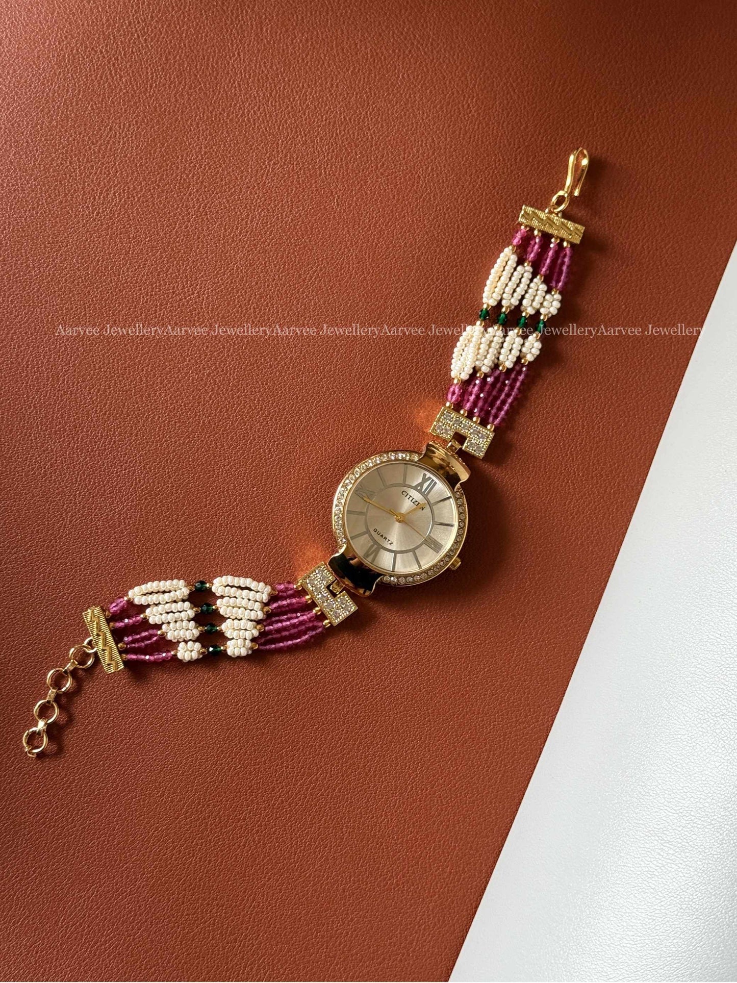 TRI COLOR PEARL BEADED WATCH BRACELET