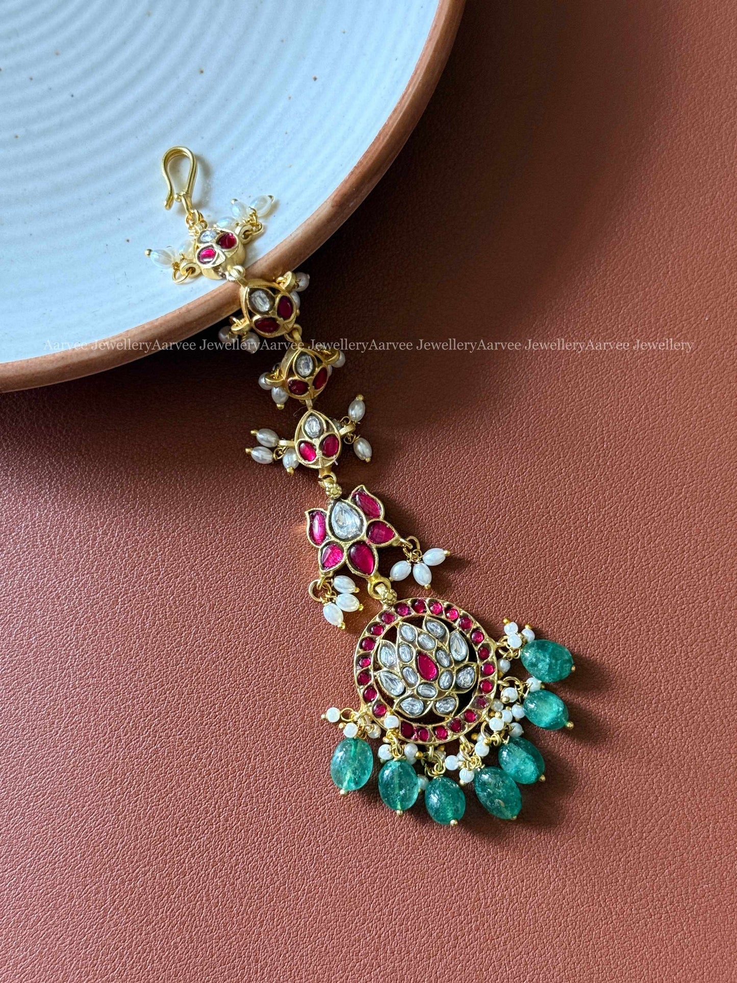JADAU KUNDAN RUBY / WHITE STONE LOTUS TIKKA WITH STRAWBERRY BEADS