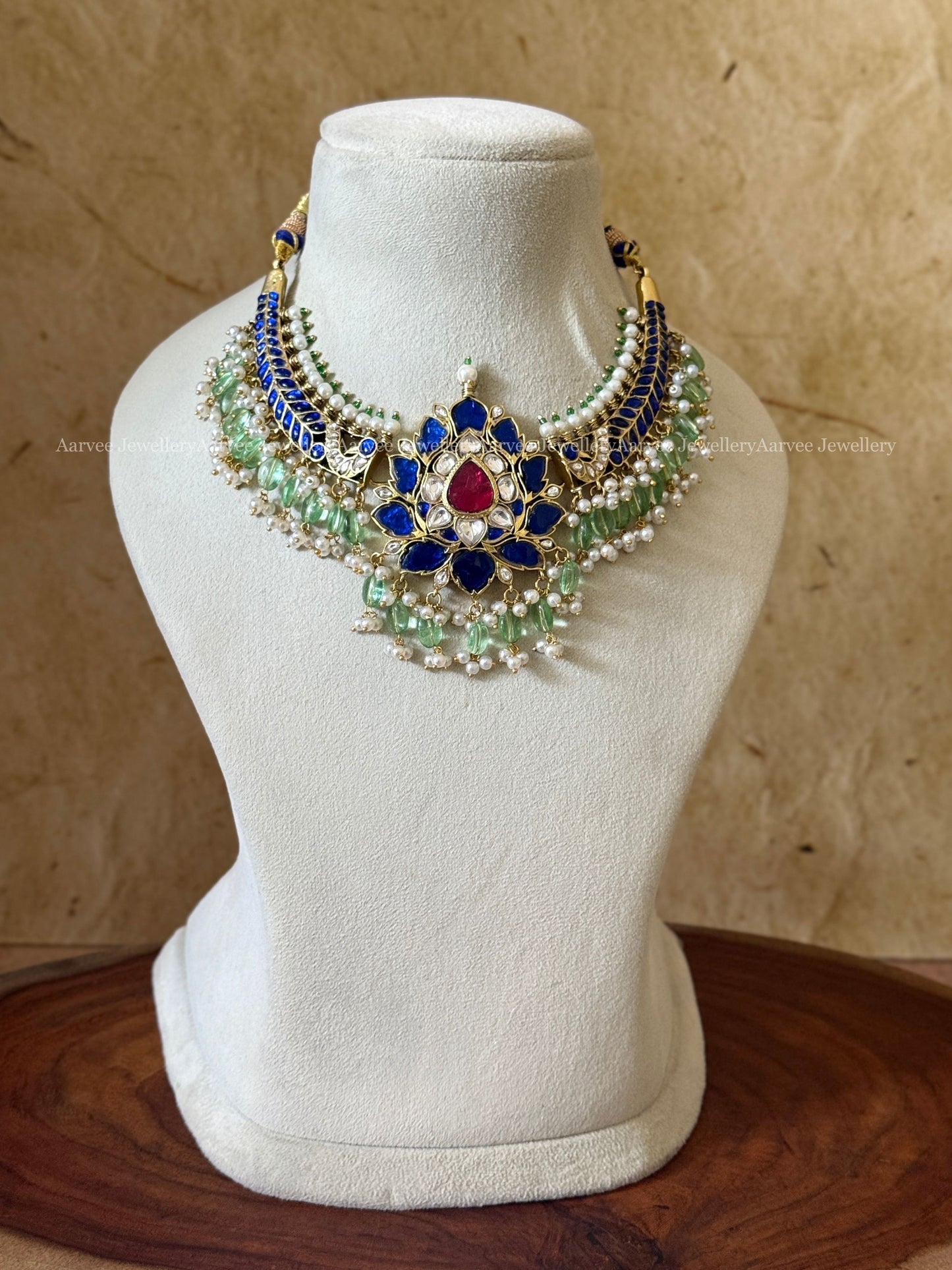 JADAU KUNDAN LOTUS KANTI NECKLACE WITH BLUE STONES & TINY GREEN BEADS