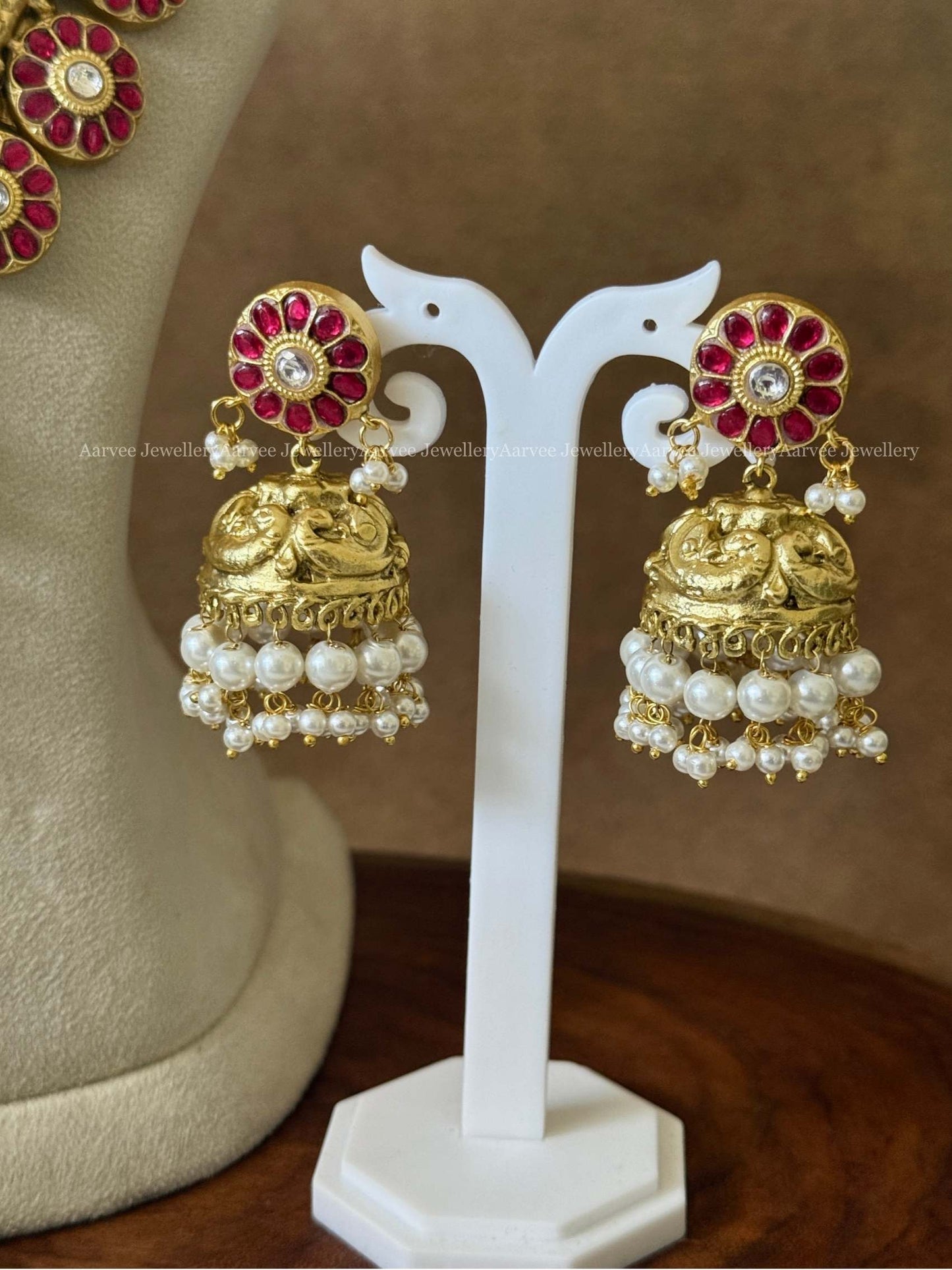 JADAU KUNDAN RUBY / GREEN STONES LOTUS HARAM SET WITH PEARLS