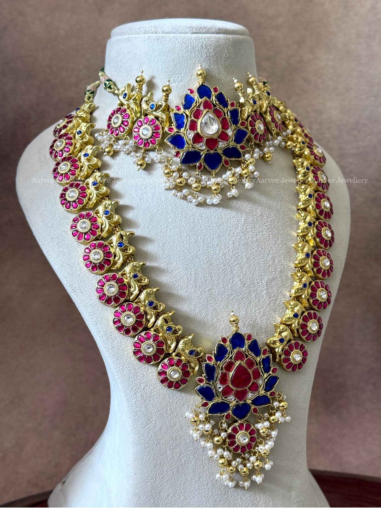 COMBO - JADAU KUNDAN BLUE / PINK STONES LOTUS CHOKER AND HARAM WITH PEARL & GOLD BEADS