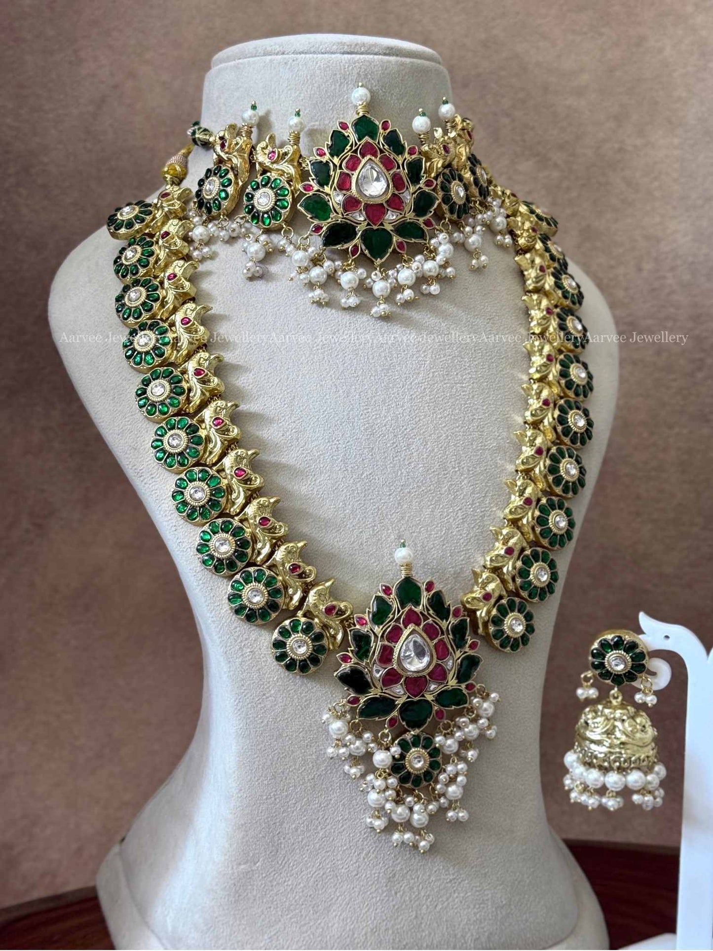 COMBO -  JADAU KUNDAN GREEN STONES LOTUS CHOKER AND BUTTA HARAM SET WITH PEARL BEADS