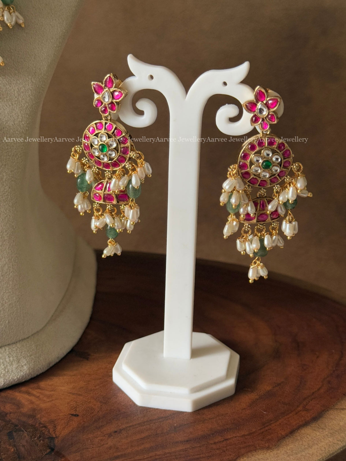 PREMIUM PINK KUNDAN STONE NON IDOL GUTTA PUSALU NECKLACE SET WITH PASTEL BEADS