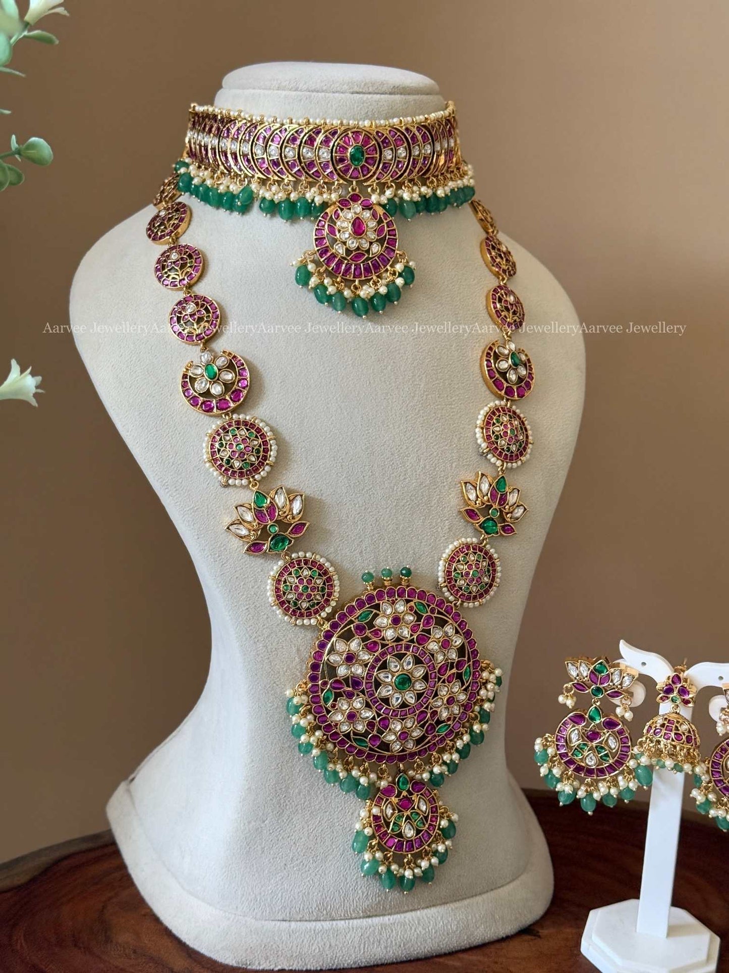 PREMIUM KEMP PINK / GREEN STONES CHOKER WITH LOTUS FLORAL HARAM SET WITH PASTEL BEADS