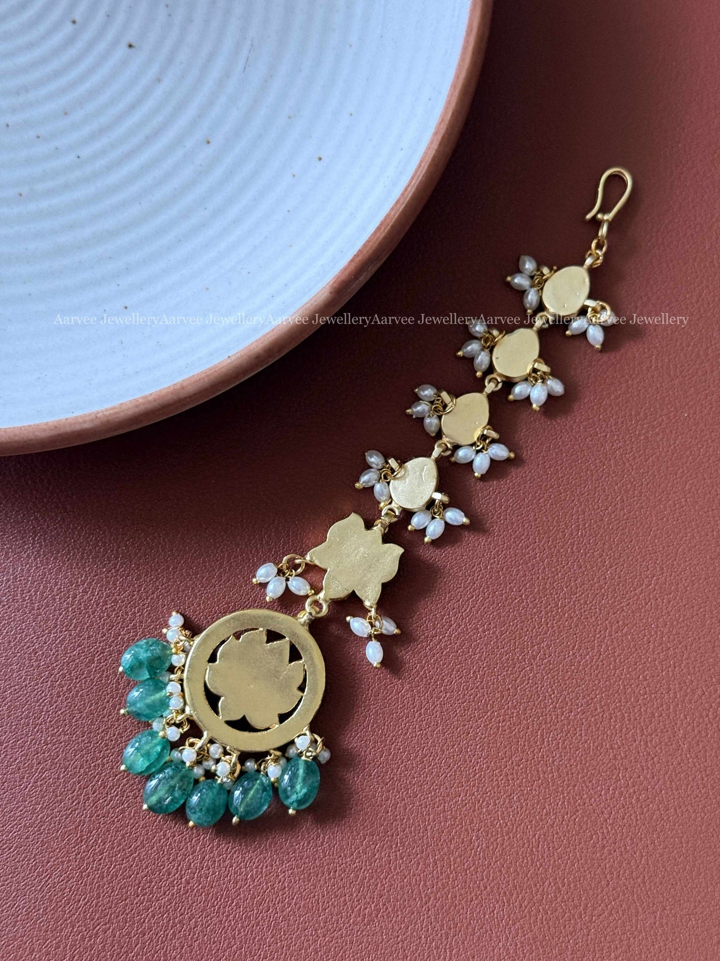 JADAU KUNDAN RUBY / WHITE STONE LOTUS TIKKA WITH STRAWBERRY BEADS