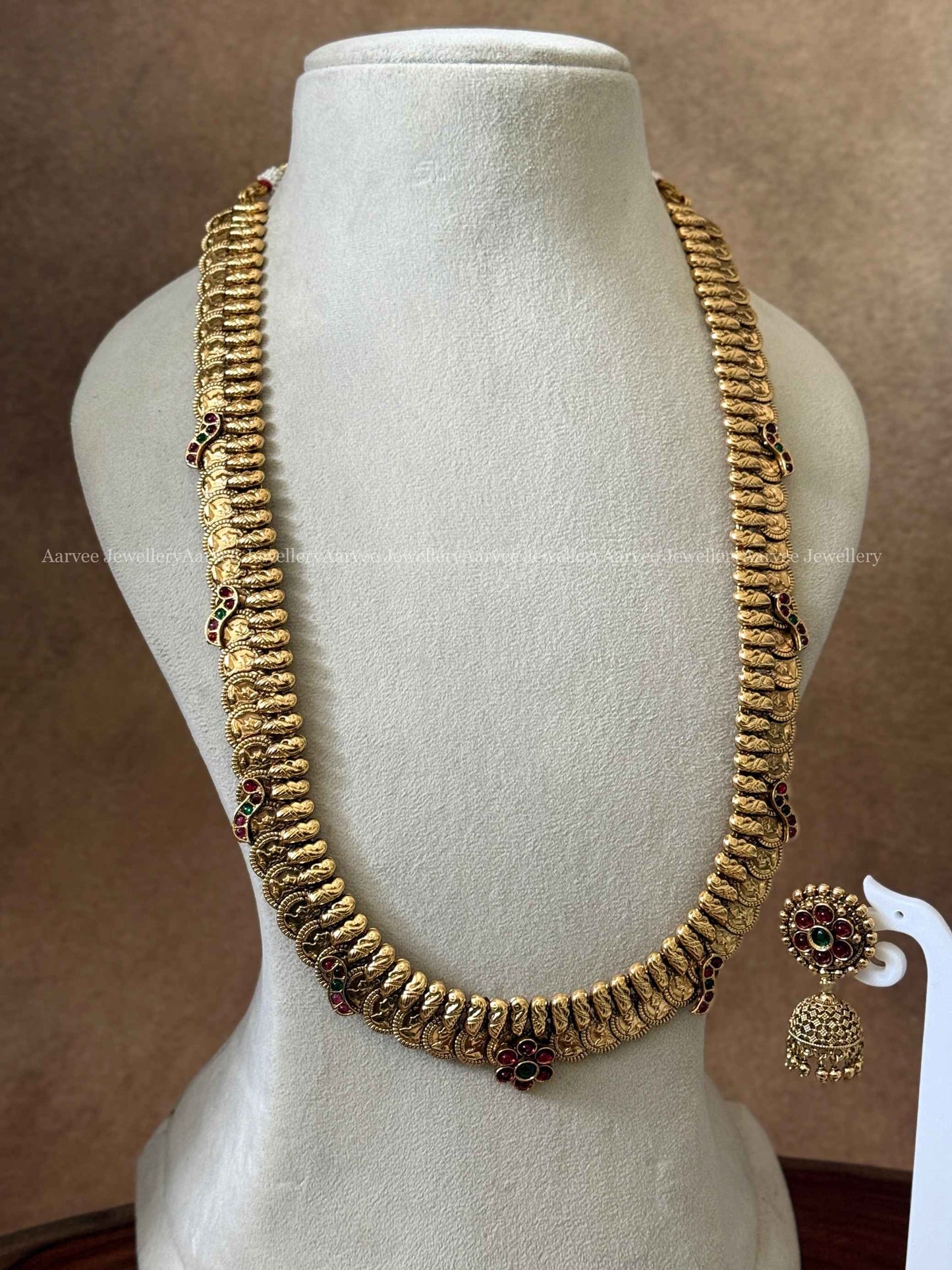 ANTIQUE GOLD COIN MID LENGTH HARAM SET WITH KEMP FLORAL MOTIFS