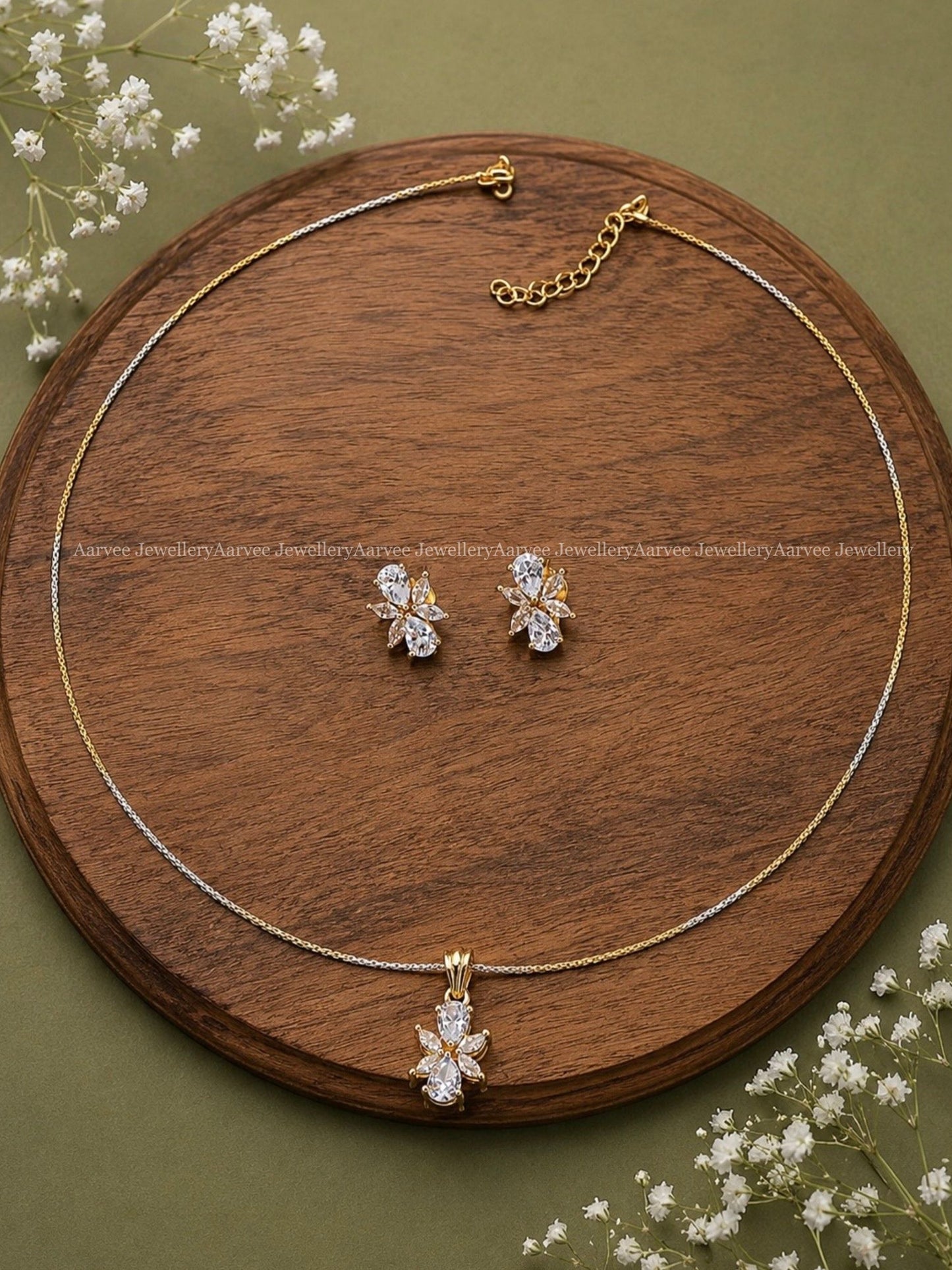 DUAL TONE MINIMAL HASLI CHAIN SET WITH WHITE AD STONE FLORAL PENDANT