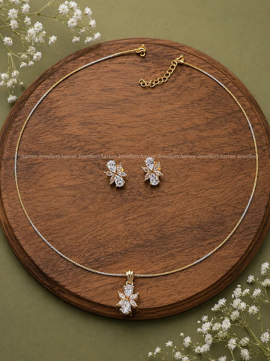 DUAL TONE MINIMAL HASLI CHAIN SET WITH WHITE AD STONE FLORAL PENDANT