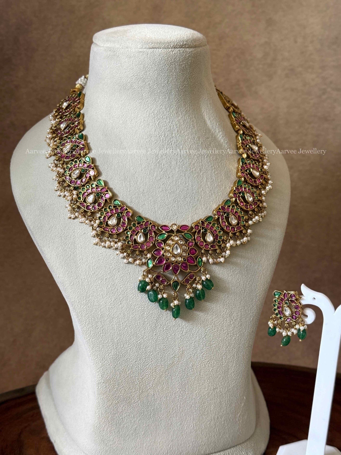 HIGH QUALITY MULTI COLOR KEMP STONE PEACOCK & FLORAL MOTIF NECKLACE SET WITH PASTEL BEADS