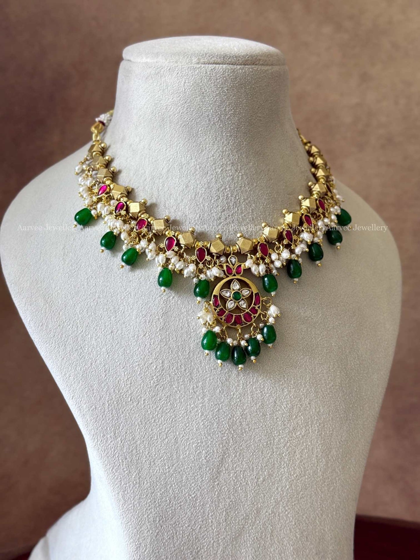 JADAU KUNDAN GOLD BALL BEADED NECKLACE WITH FLORAL PENDANT WITH GREEN BEADS