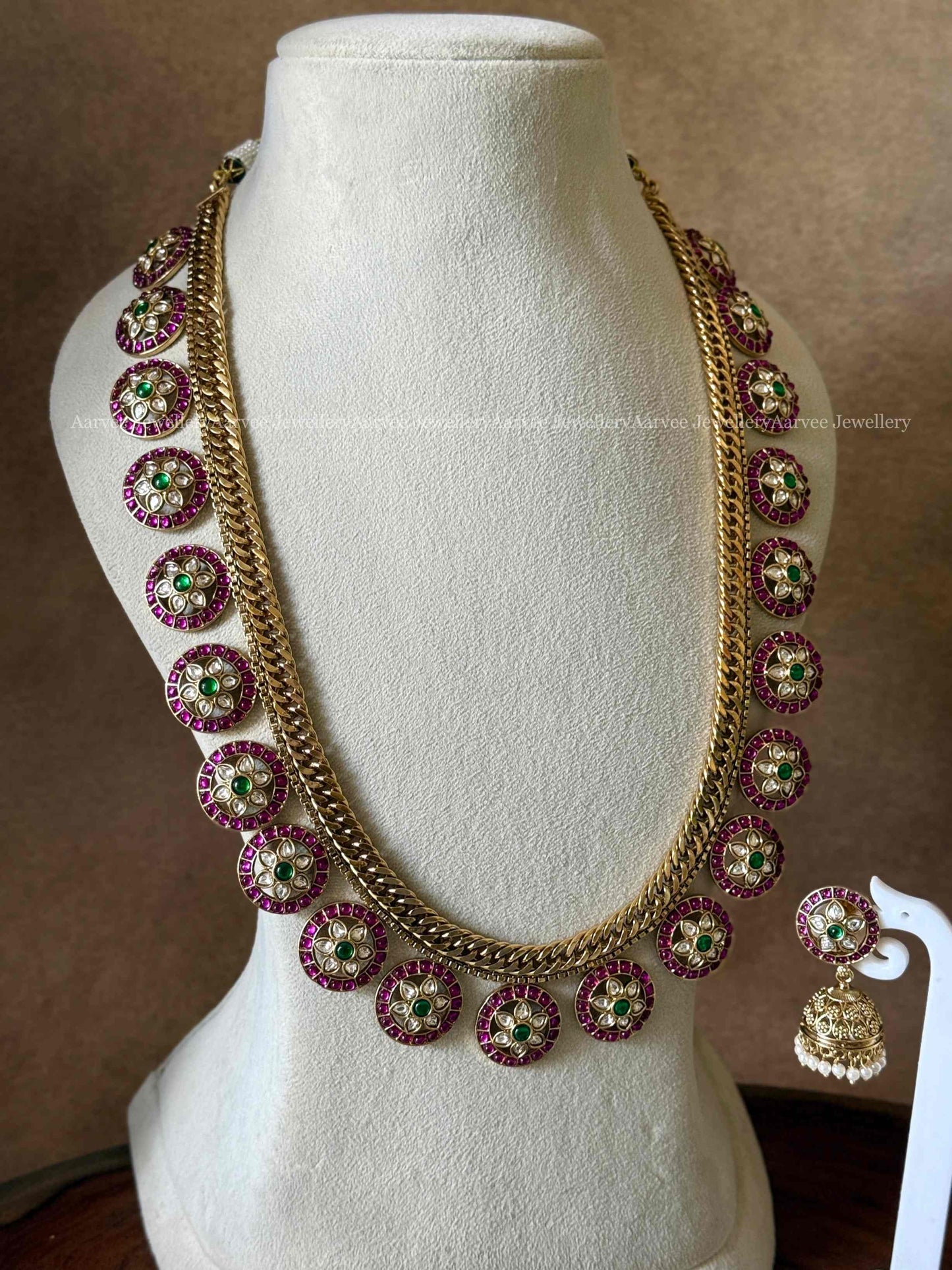 PREMIUM PINK KUNDAN STONE JALEBI STYLE BOTTU MALA HARAM SET
