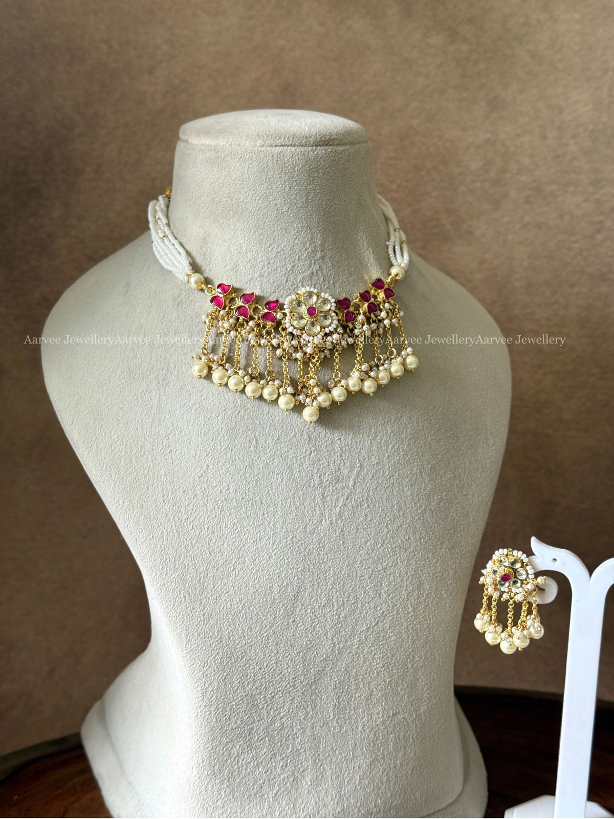 POLKI KUNDAN RUBY / WHITE STONE FLORAL AND LEAF MOTIF PEARL CHOKER SET