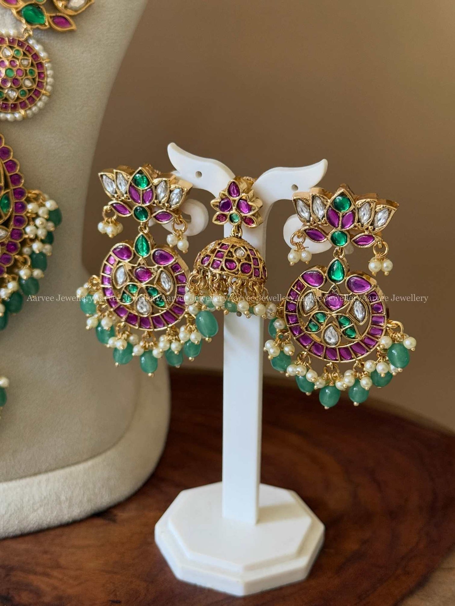 PREMIUM KEMP PINK / GREEN STONES CHOKER WITH LOTUS FLORAL HARAM SET WITH PASTEL BEADS
