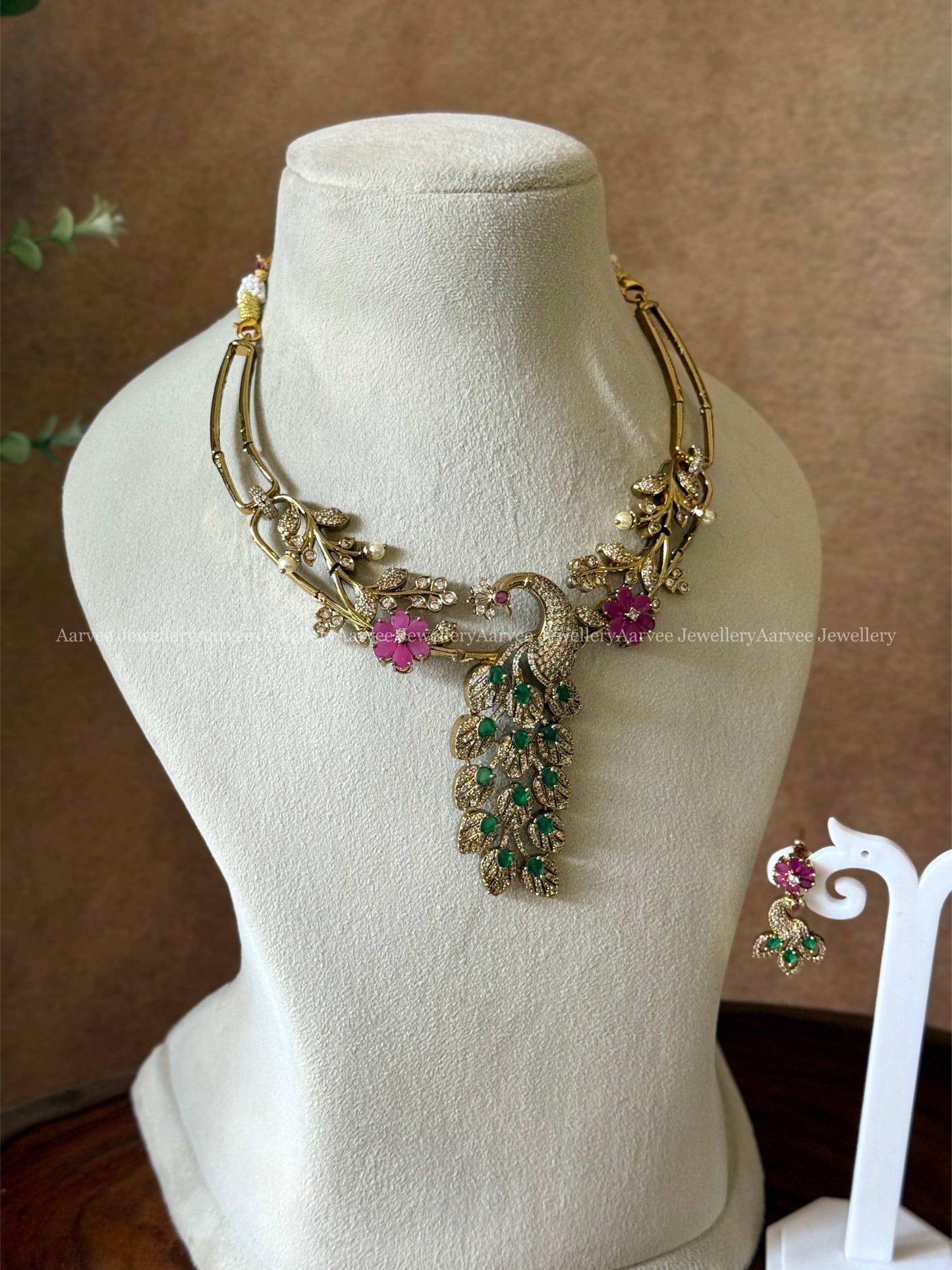 PREMIUM RUBY / GREEN CZ STONES PEACOCK PENDANT NECKLACE SET