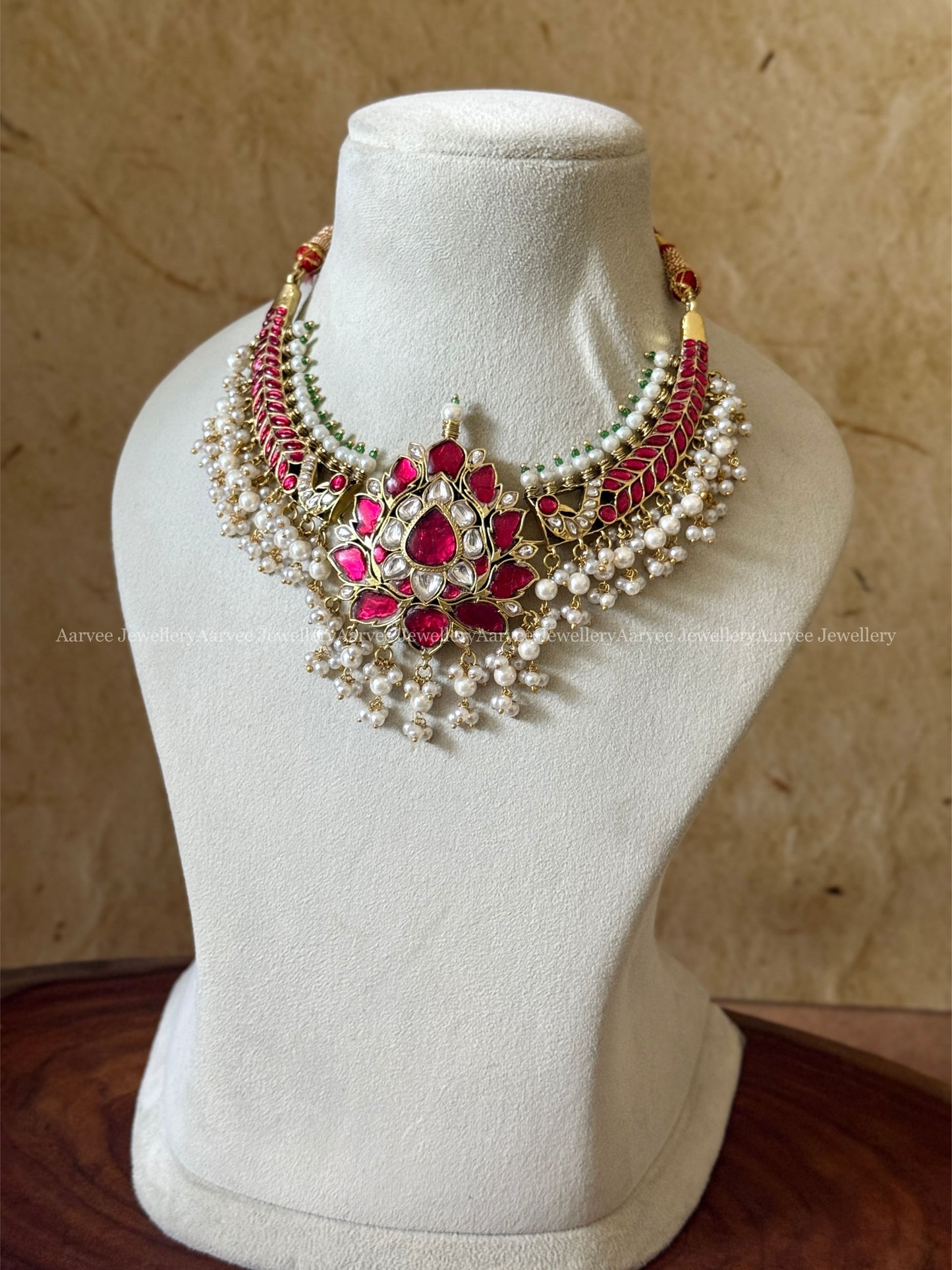 JADAU KUNDAN LOTUS KANTI NECKLACE WITH RUBY STONES & PEARLS