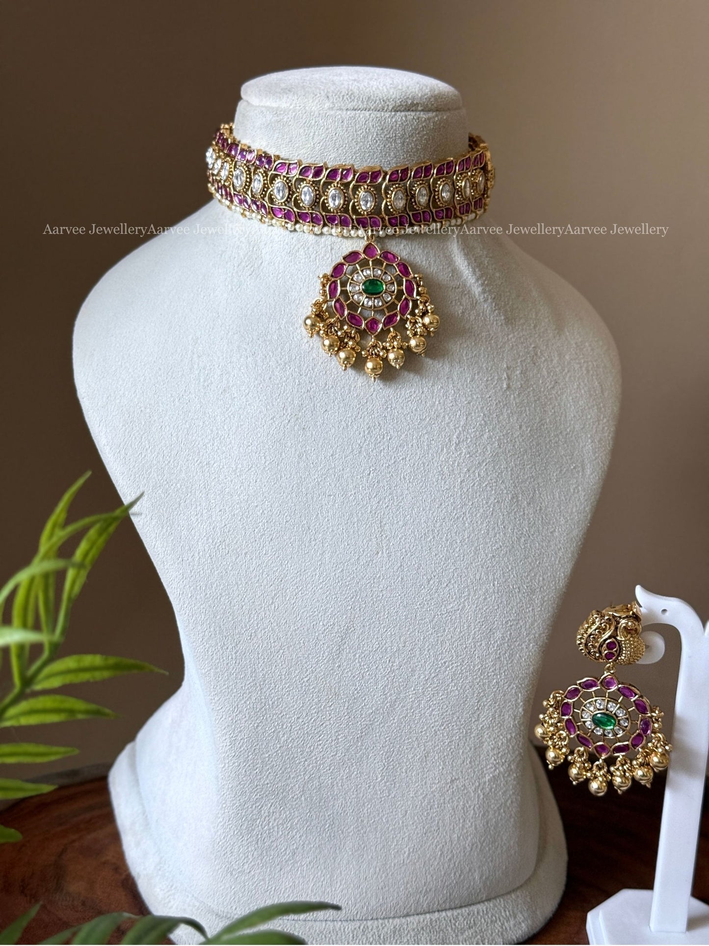 PREMIUM PINK KUNDAN PEACOCK MOTIF CHOKER SET WITH GOLD BEADS