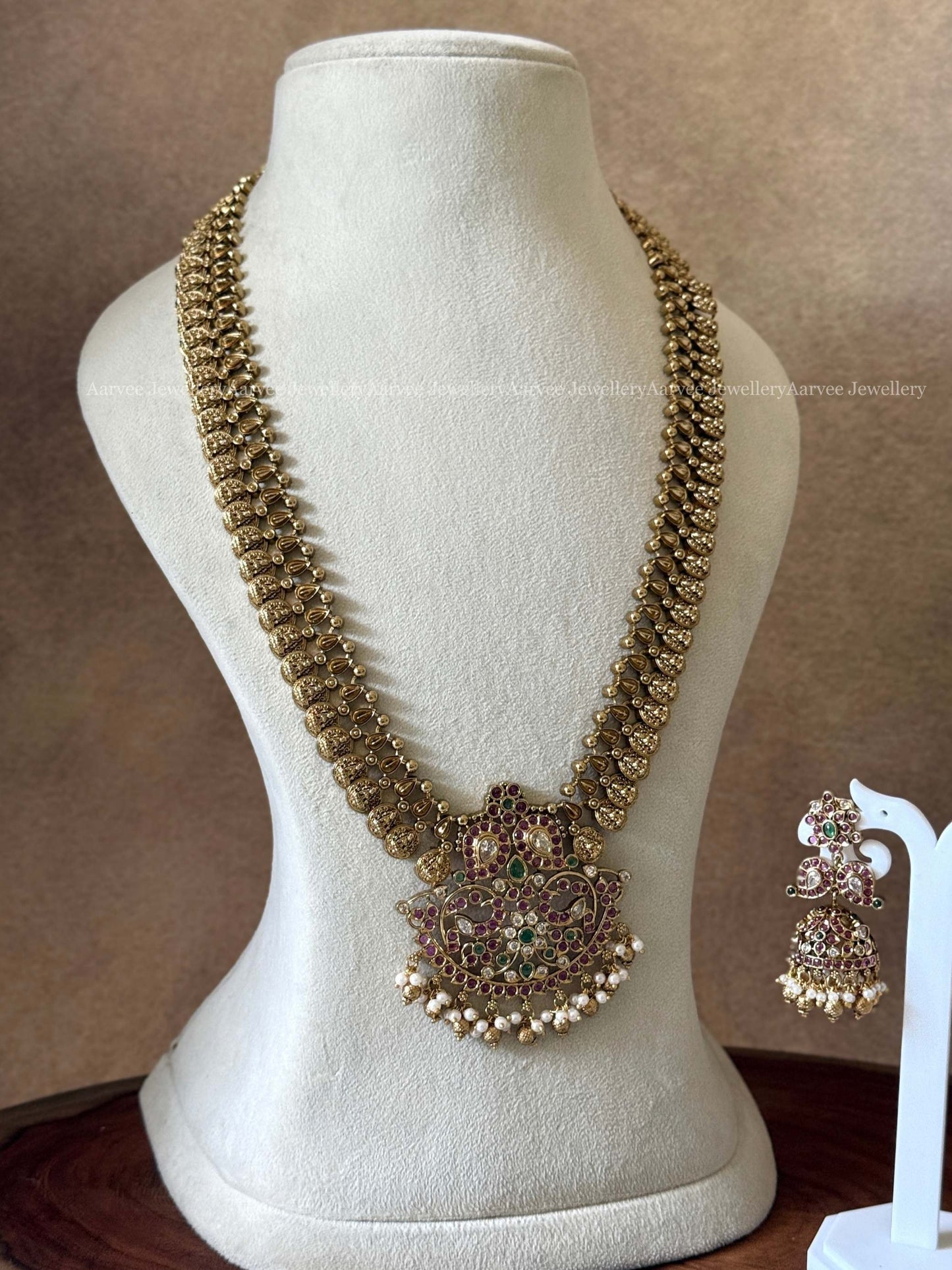 GOLD FINISH COIN LONG CHAIN SET WITH MANGO PENDANT AND GOLD BEADS