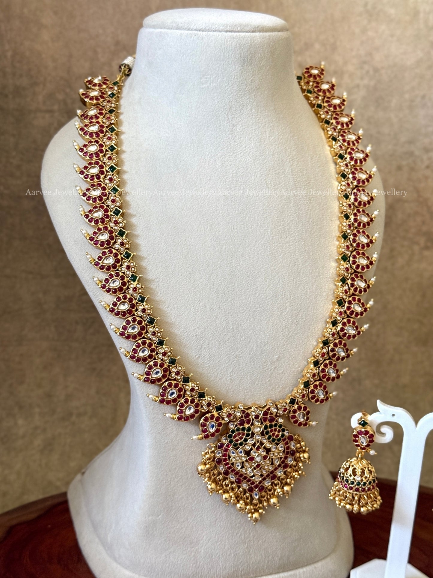 KEMP RUBY / GREEN STONES MANGO MOTIF HARAM SET WITH PEACOCK PENDANT & GOLD BEADS