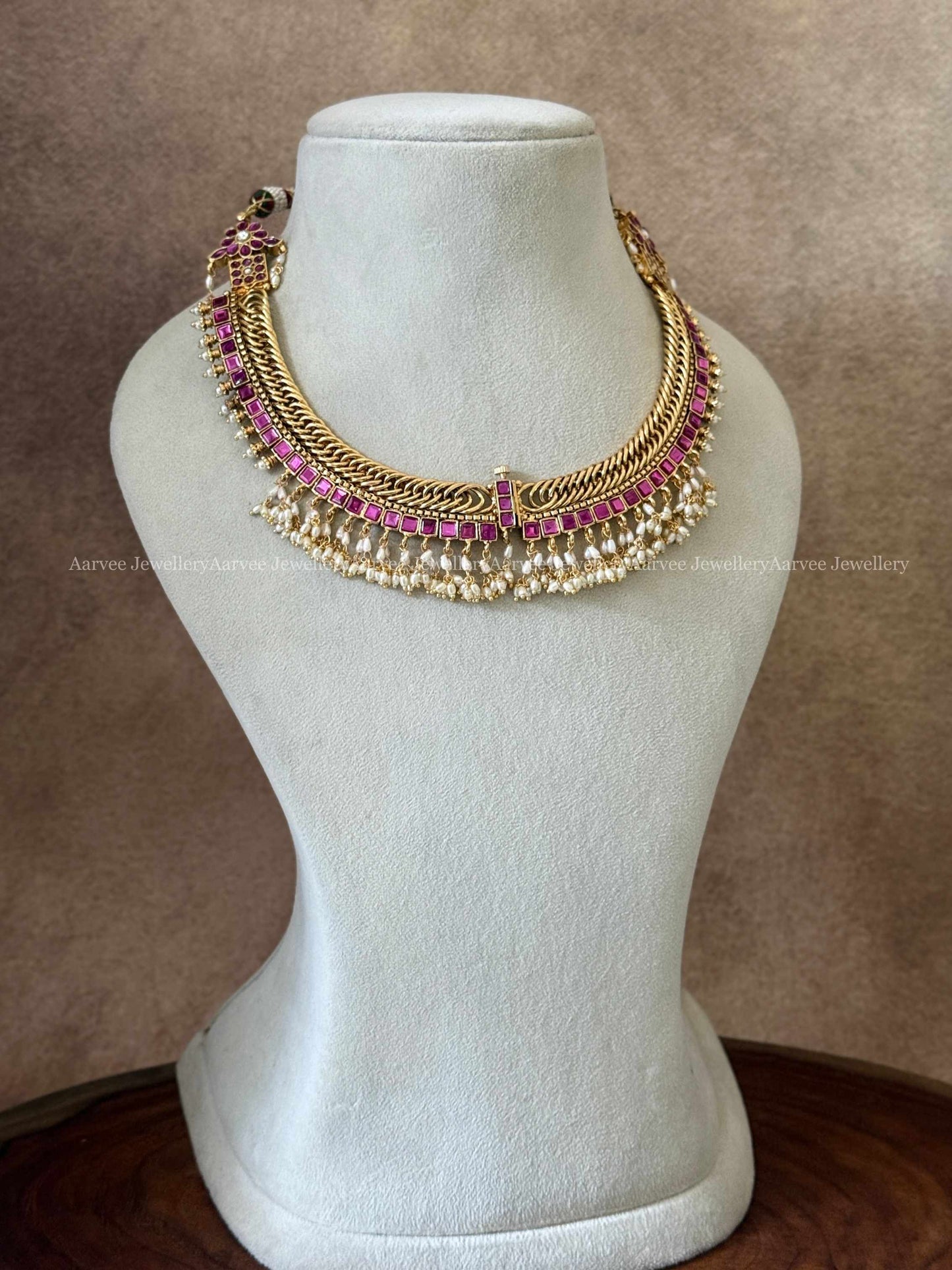 PREMIUM JALEBI 2 IN 1 REVERSIBLE NECKLACE SET IN WHITE / PINK STONES