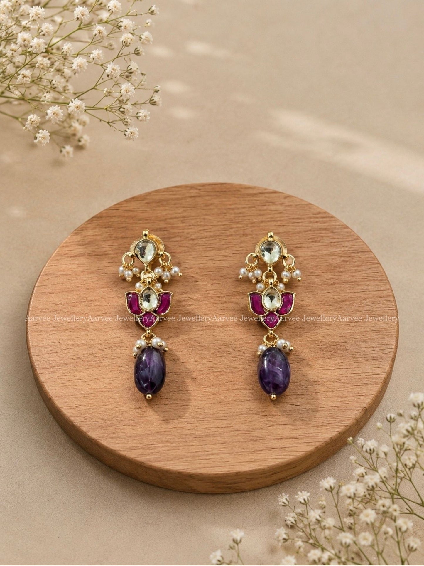 POLKI KUNDAN LOTUS EARRINGS WITH PURPLE BEADS