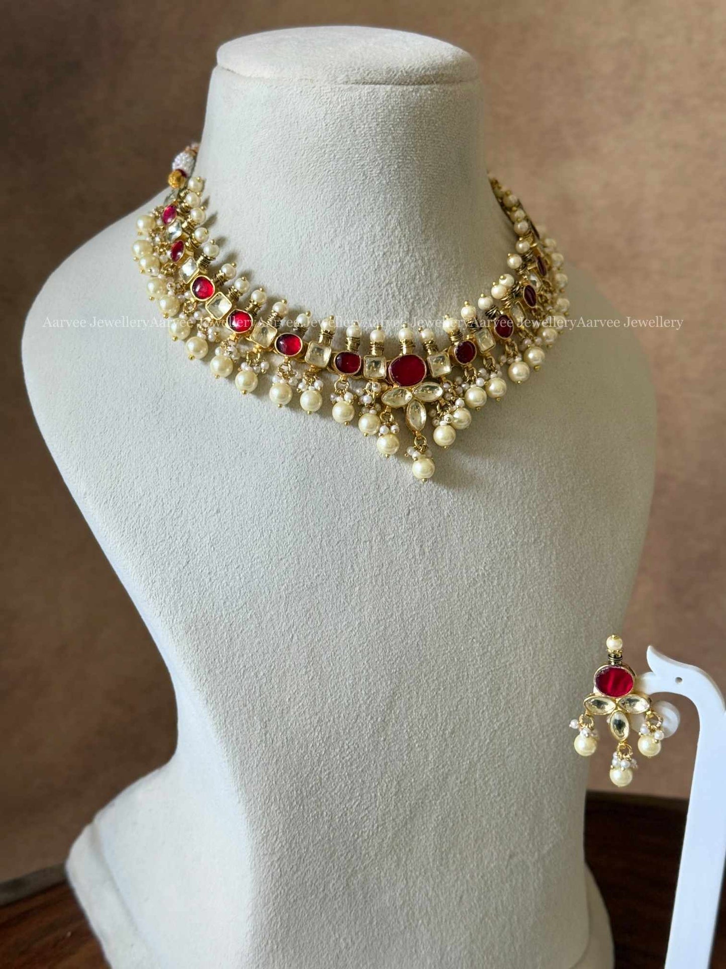 POLKI KUNDAN - RUBY STONE NECKLACE SET WITH PEARL BEADS
