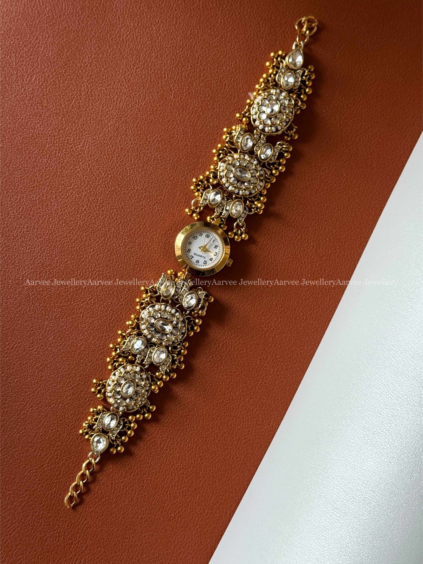 ANTIQUE GOLD WHITE KUNDAN ROUND FLORAL & LOTUS WATCH BRACELET