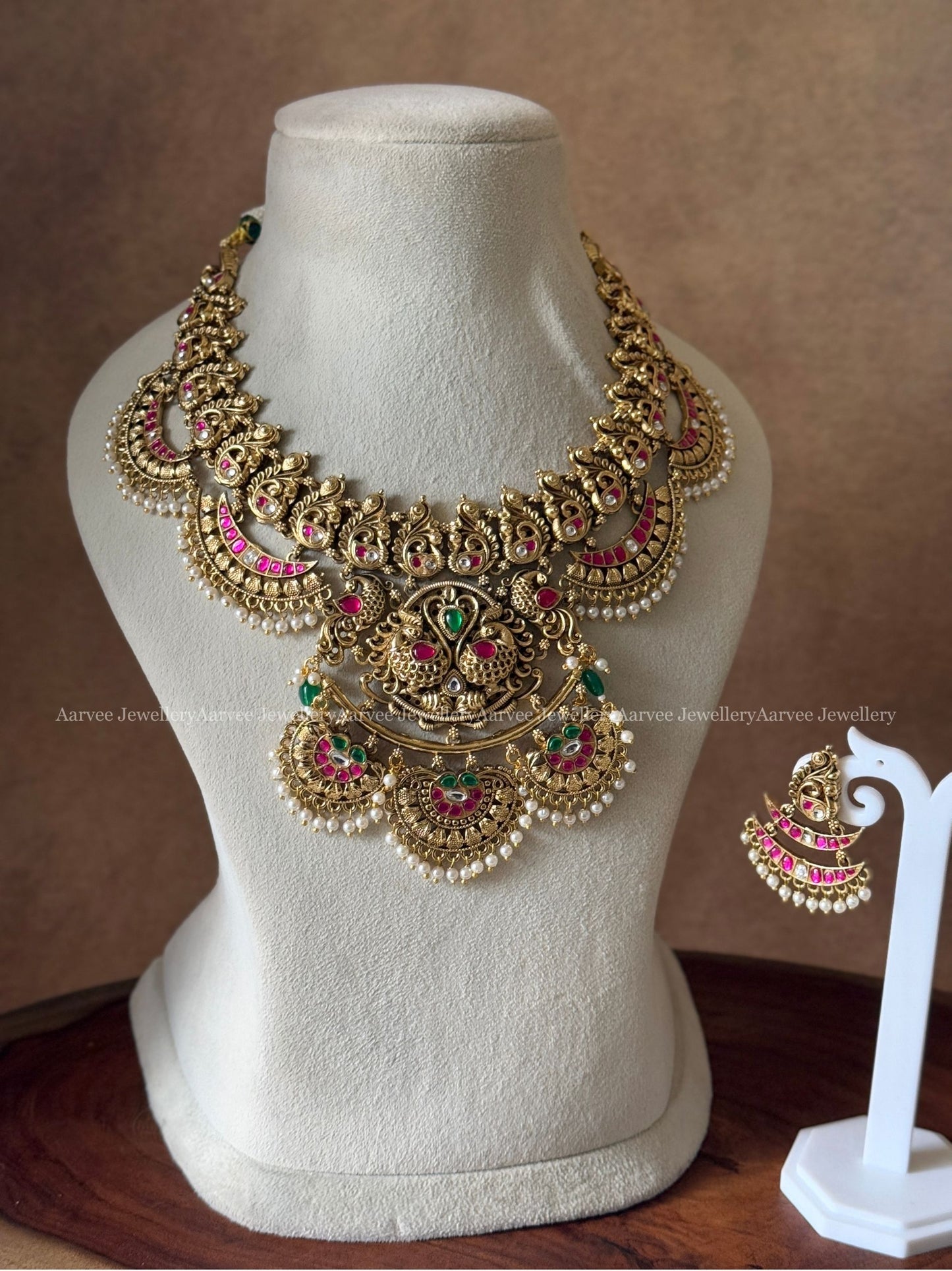 GOLD TONE PEACOCK  MOTIF STATEMENT NECKLACE SET WITH MULTI COLORS KUNDAN STONES