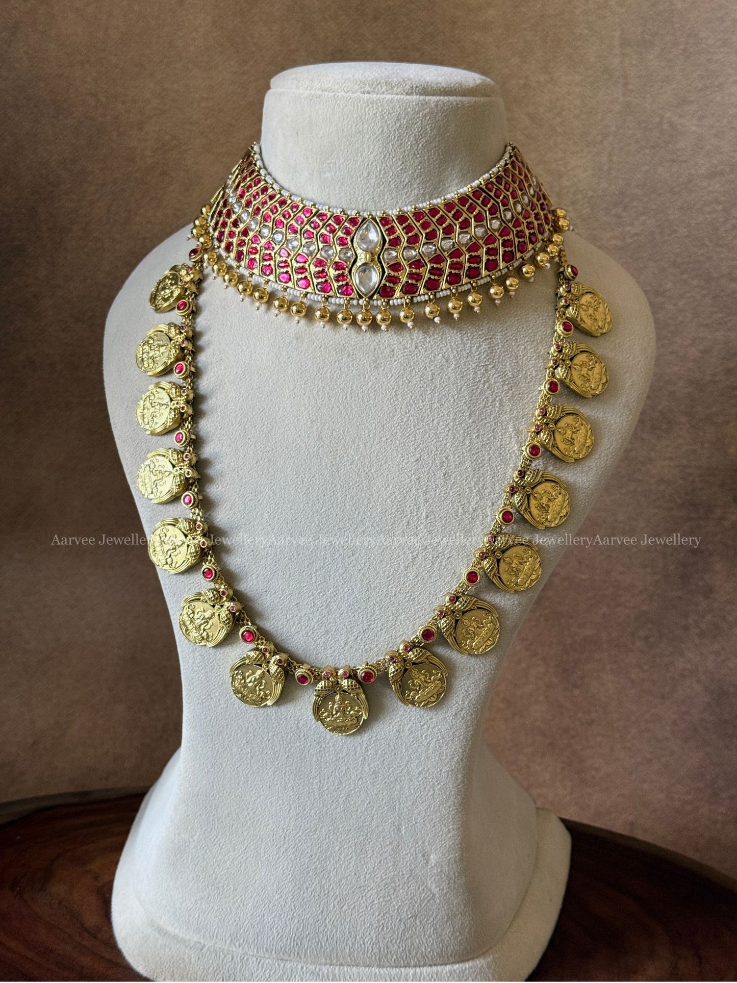 JADAU KUNDAN RUBY STONE CHOKER WITH COIN MID LENGTH HARAM