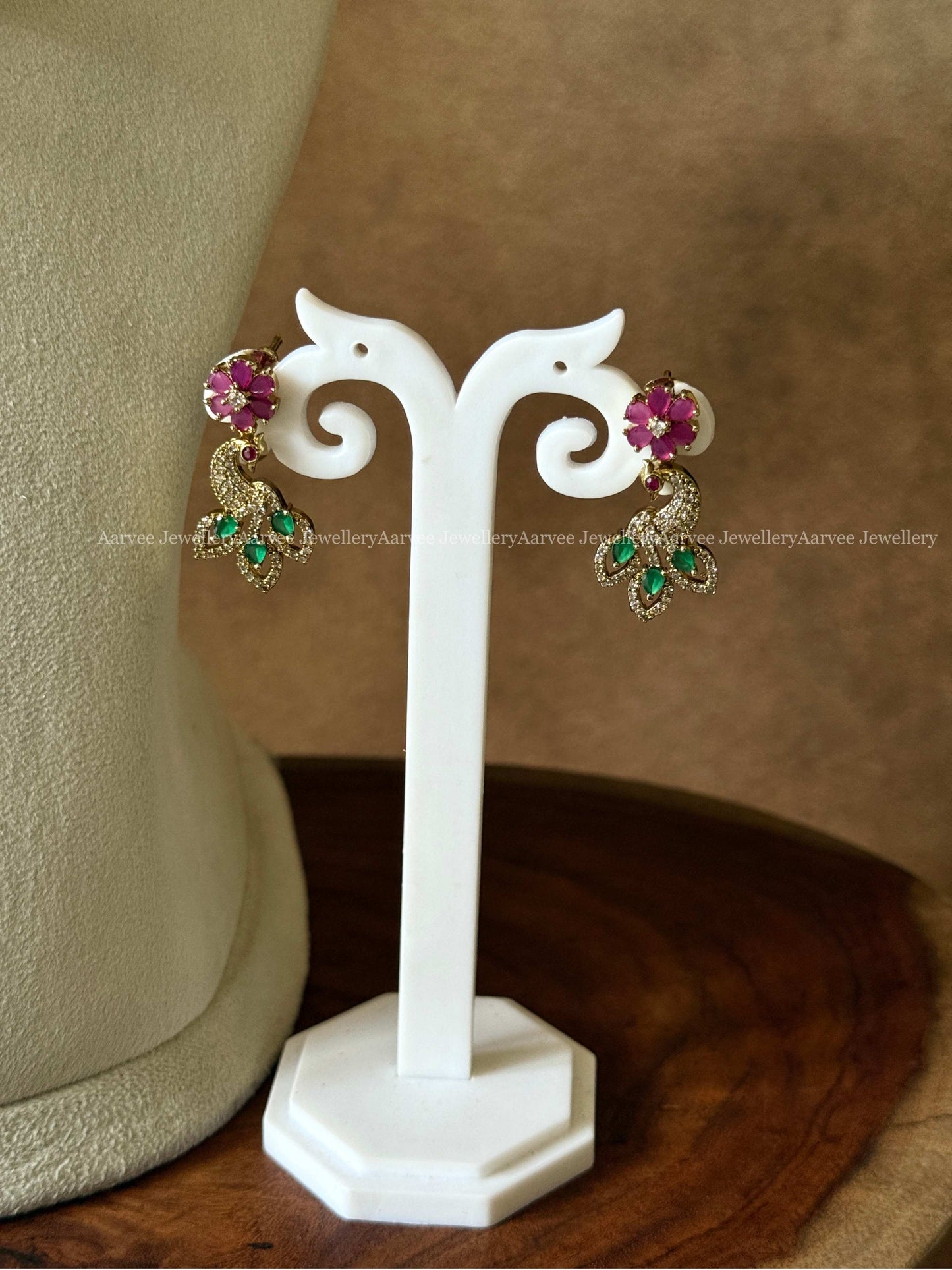 PREMIUM RUBY / GREEN CZ STONES PEACOCK PENDANT NECKLACE SET