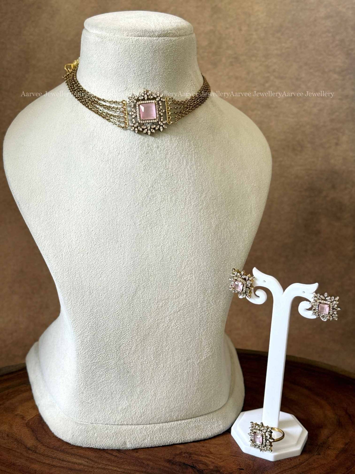 PASTEL PINK CZ STONE GOLD CHAIN CHOKER SET
