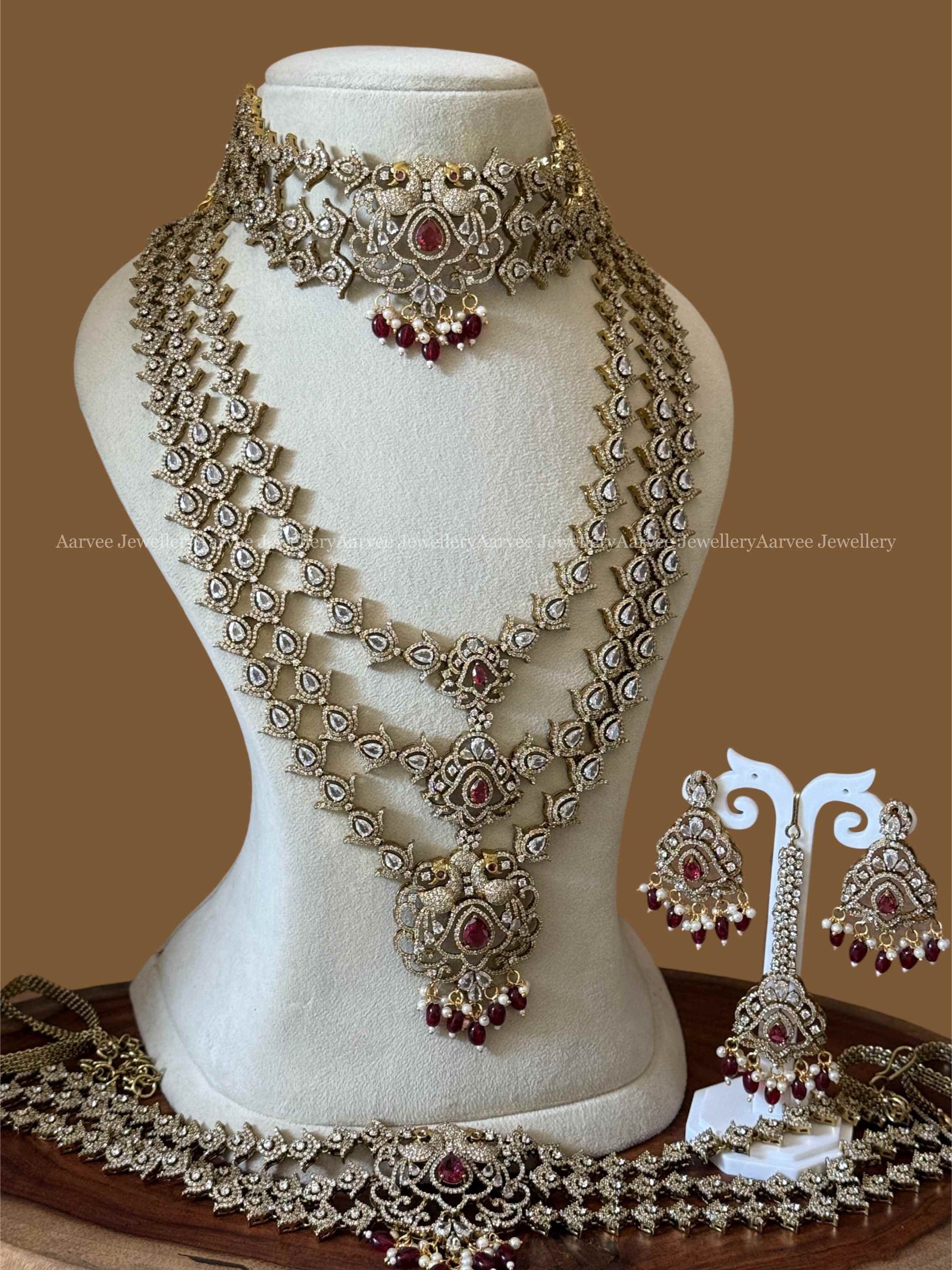 VICTORIAN BRIDAL JEWELLERY SET PEACOCK DESIGN WITH RUBY BEADS