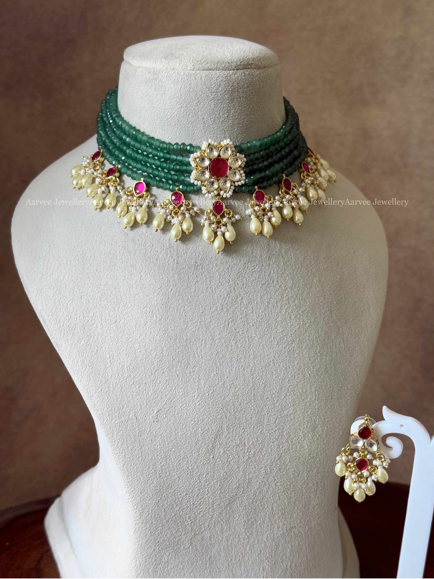 POLKI KUNDAN PASTEL BEADS CHOKER SET WITH WHITE/PINK FLORAL PENDANT