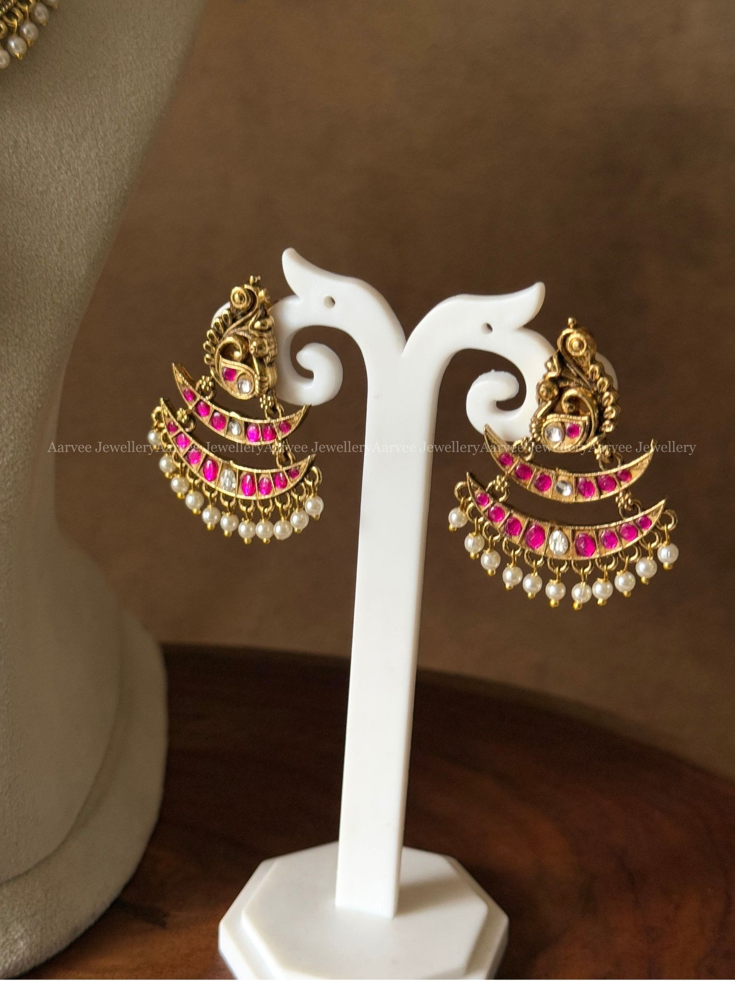 GOLD TONE PEACOCK  MOTIF STATEMENT NECKLACE SET WITH MULTI COLORS KUNDAN STONES