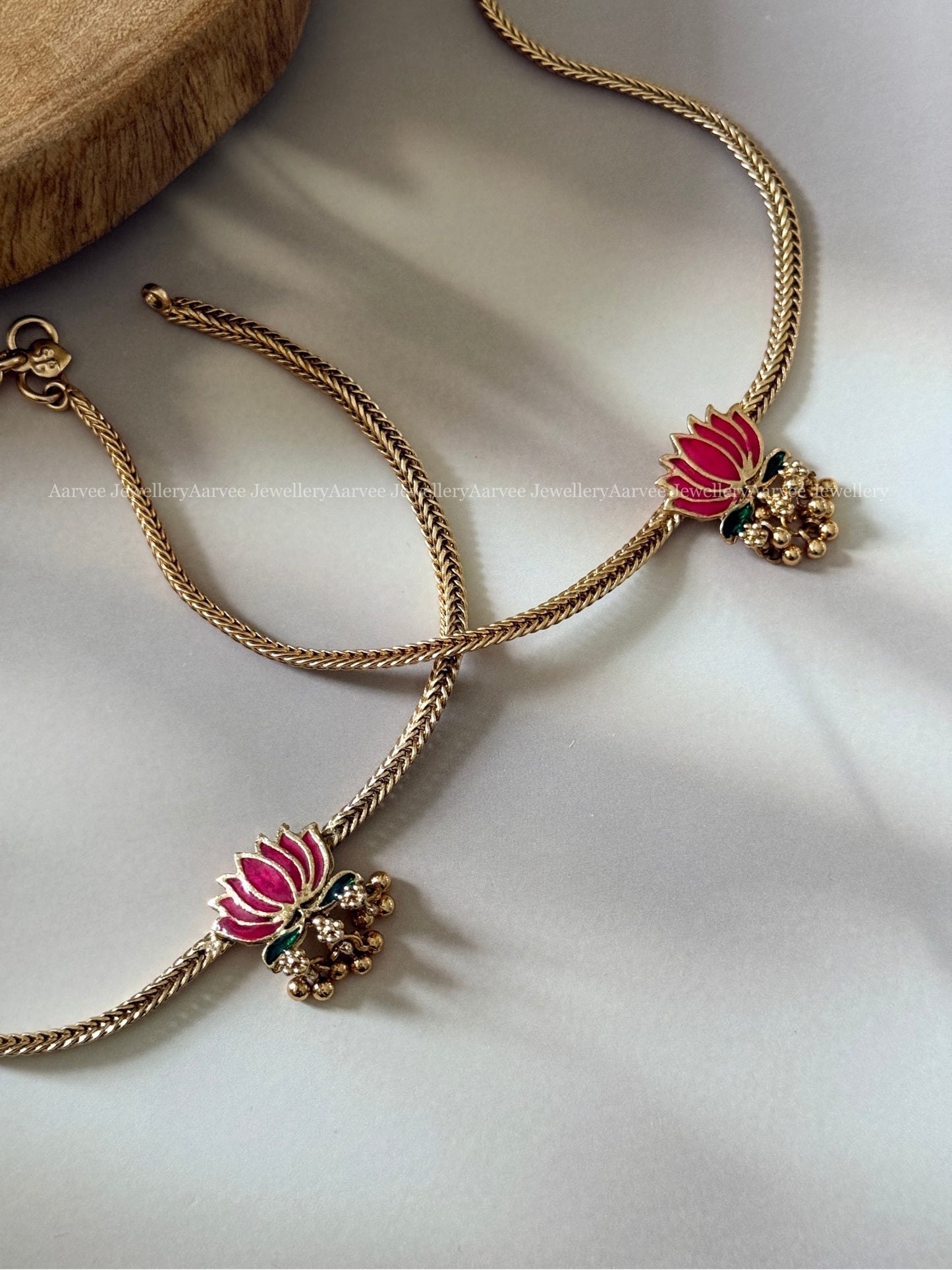 MINIMAL GOLD CHAIN ANKLET WITH LOTUS PENDANT WITH - PINK
