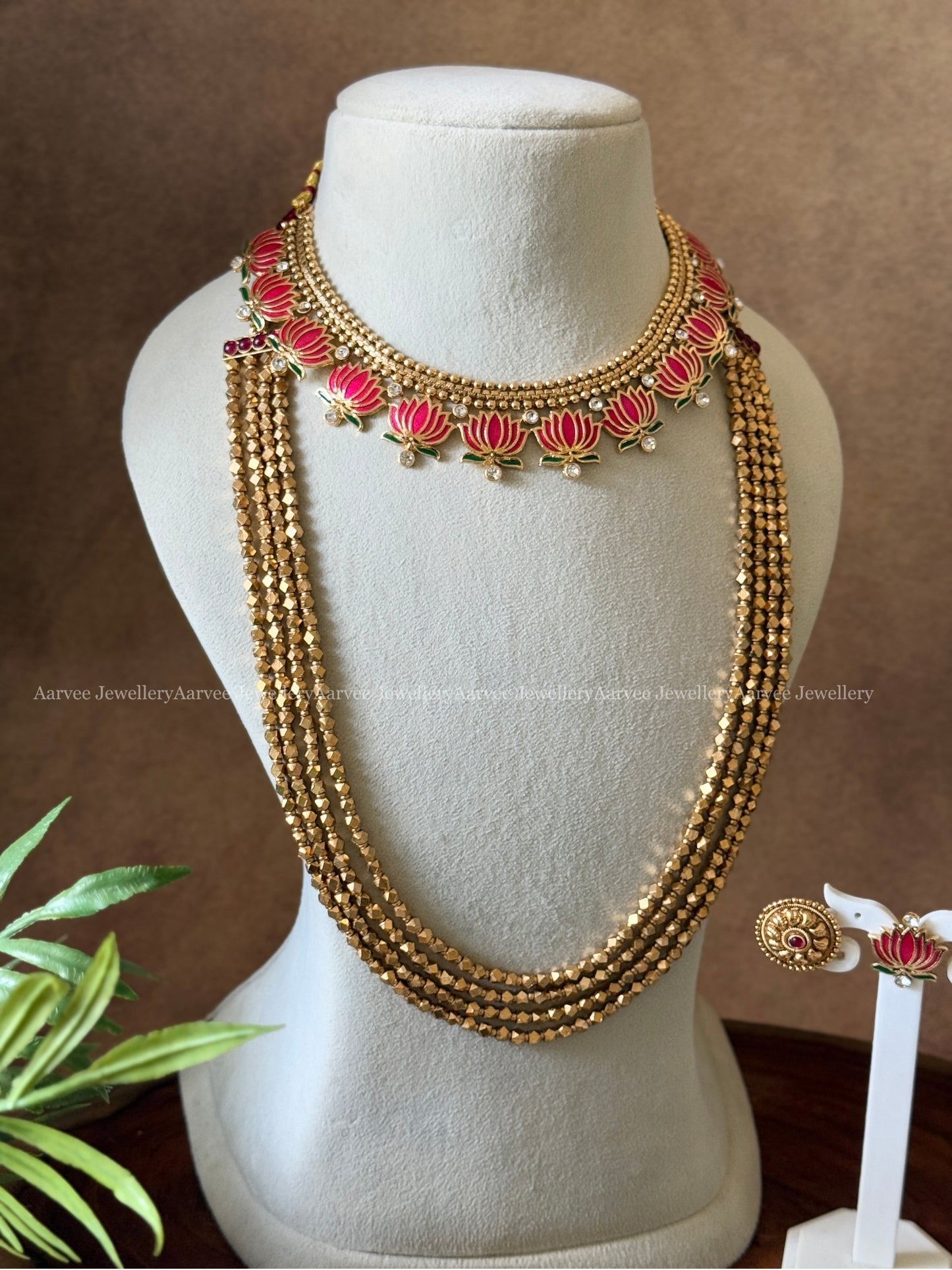 COMBO - PINK COLOR GOLD CHAIN LOTUS NECKLACE WITH GOLD BEADED LAYERED MALA SET