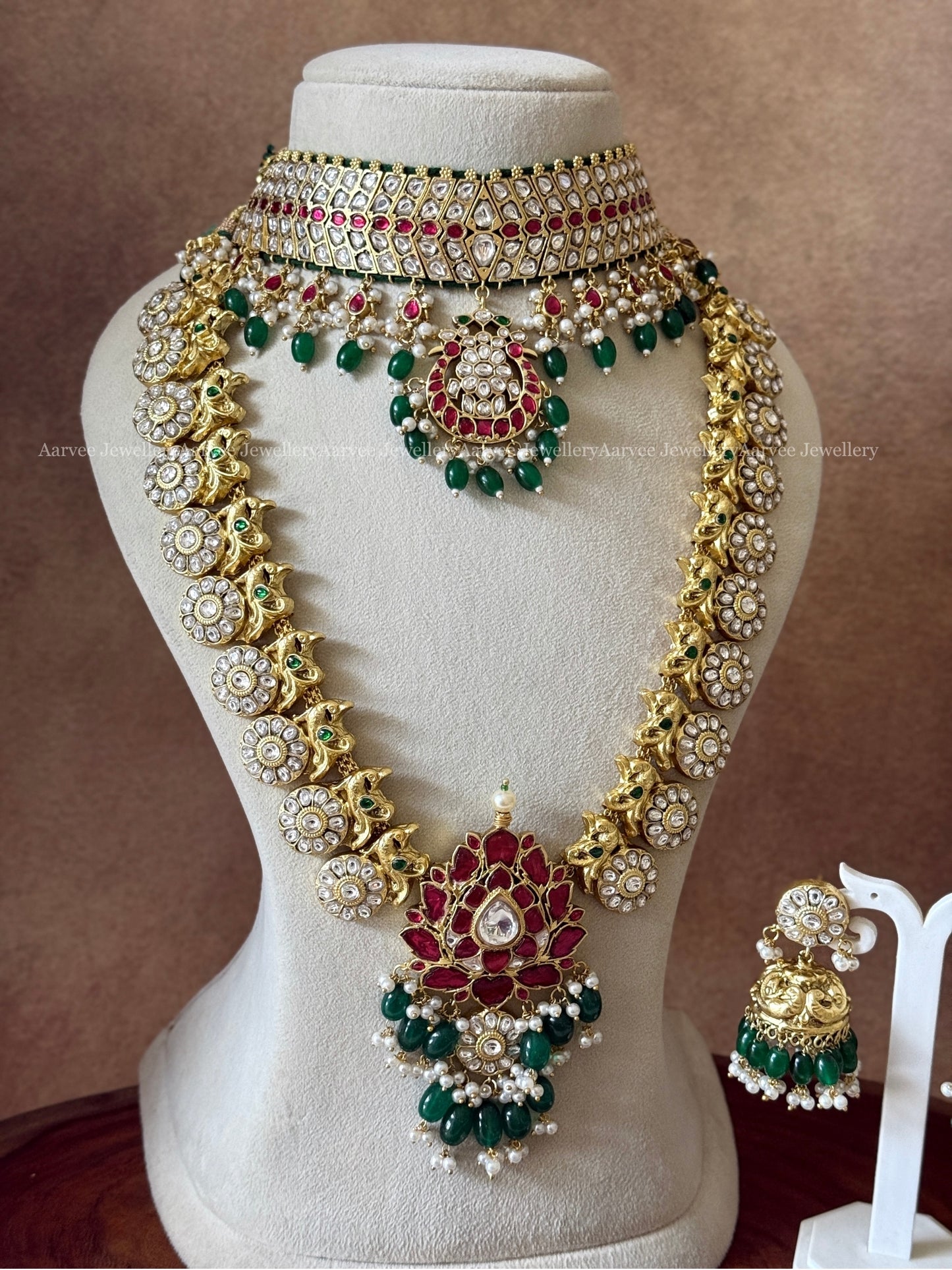 JADAU KUNDAN SEMI BRIDAL SET - WHITE / PINK STONES CHOKER AND LOTUS HARAM, JHUMKI, TIKKA WITH GREEN BEADS