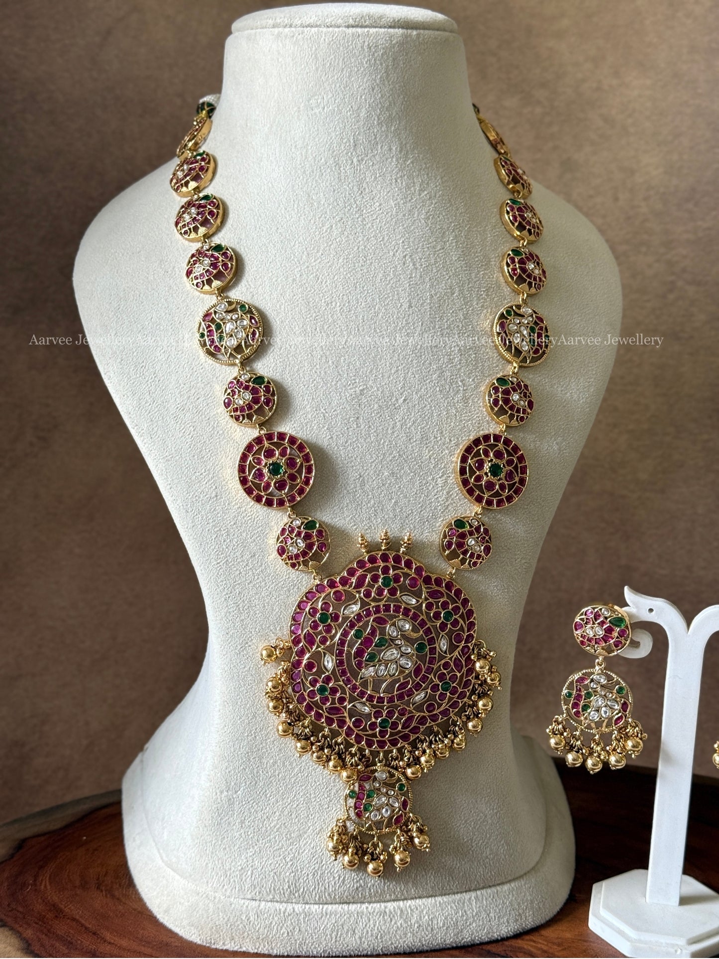 PREMIUM KEMP STONES PEACOCK PENDANT LONG HARAM SET WITH GOLD BEADS