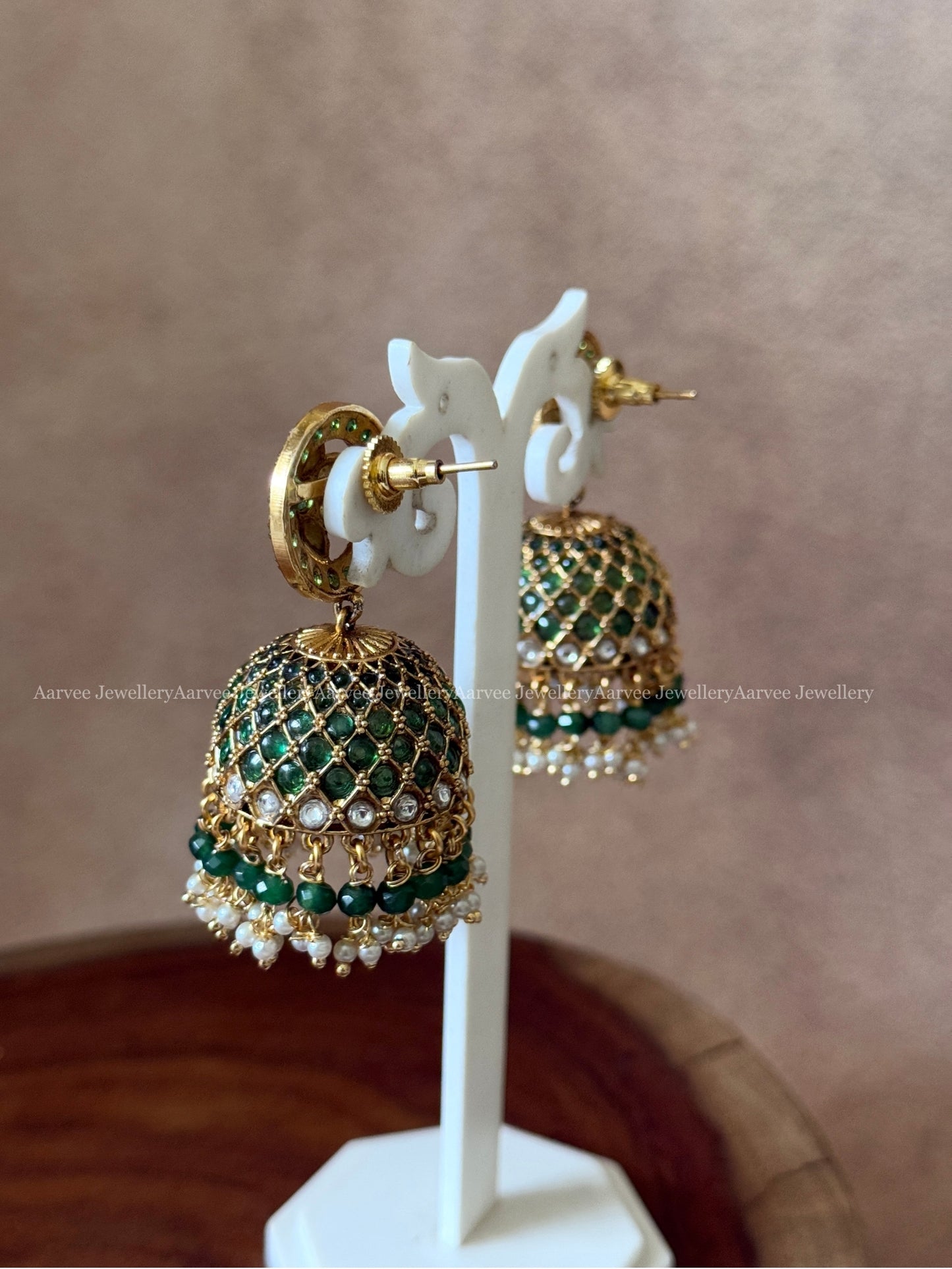 PREMIUM KEMP STONE FLORAL JHUMKI WITH GREEN STONE & GREEN BEADS