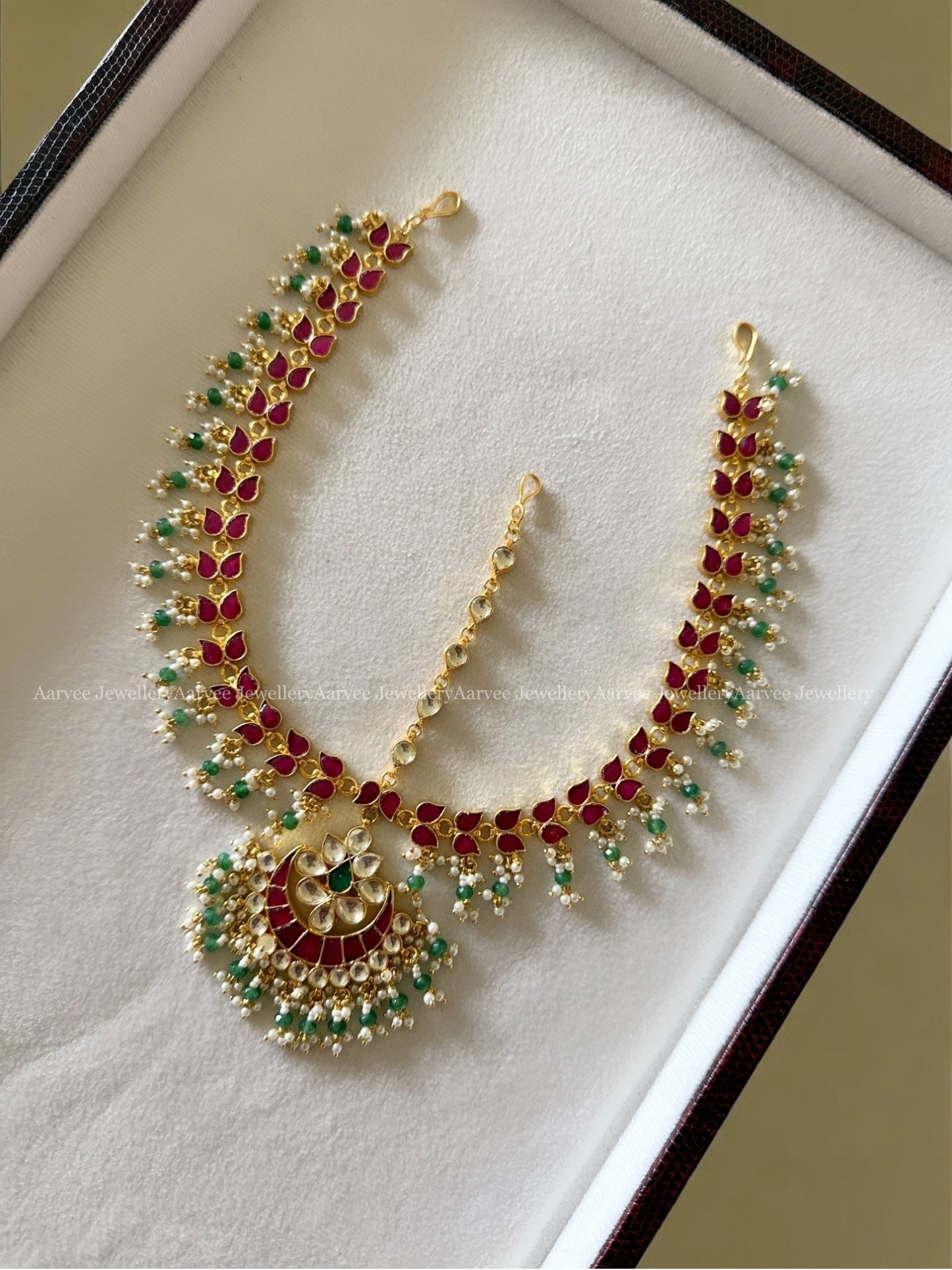 POLKI KUNDAN RUBY STONE MATHAPATTI WITH TINY PASTEL & PEARL BEADS