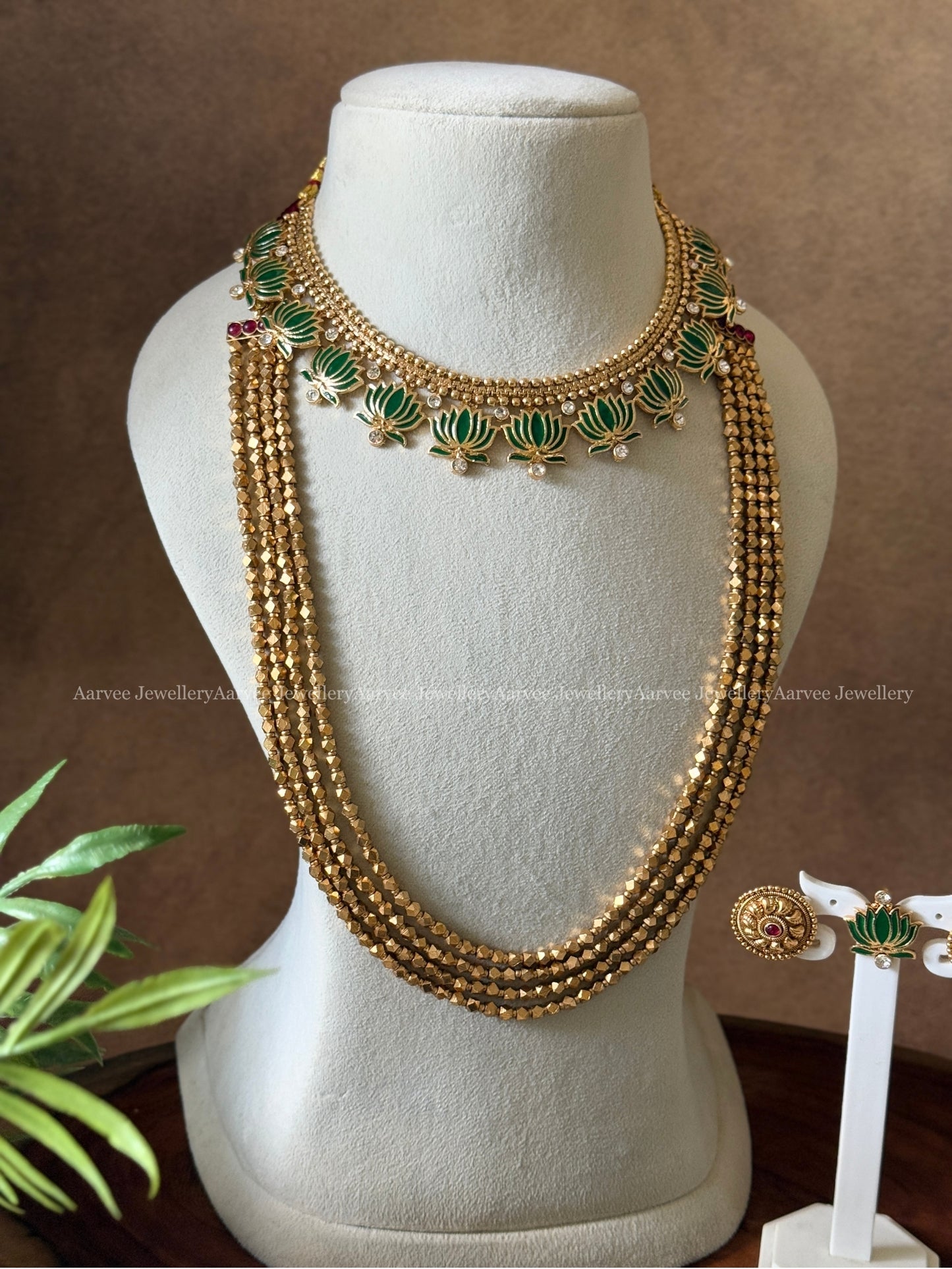 COMBO - GREEN COLOR GOLD CHAIN LOTUS NECKLACE WITH GOLD BEADED LAYERED MALA SET