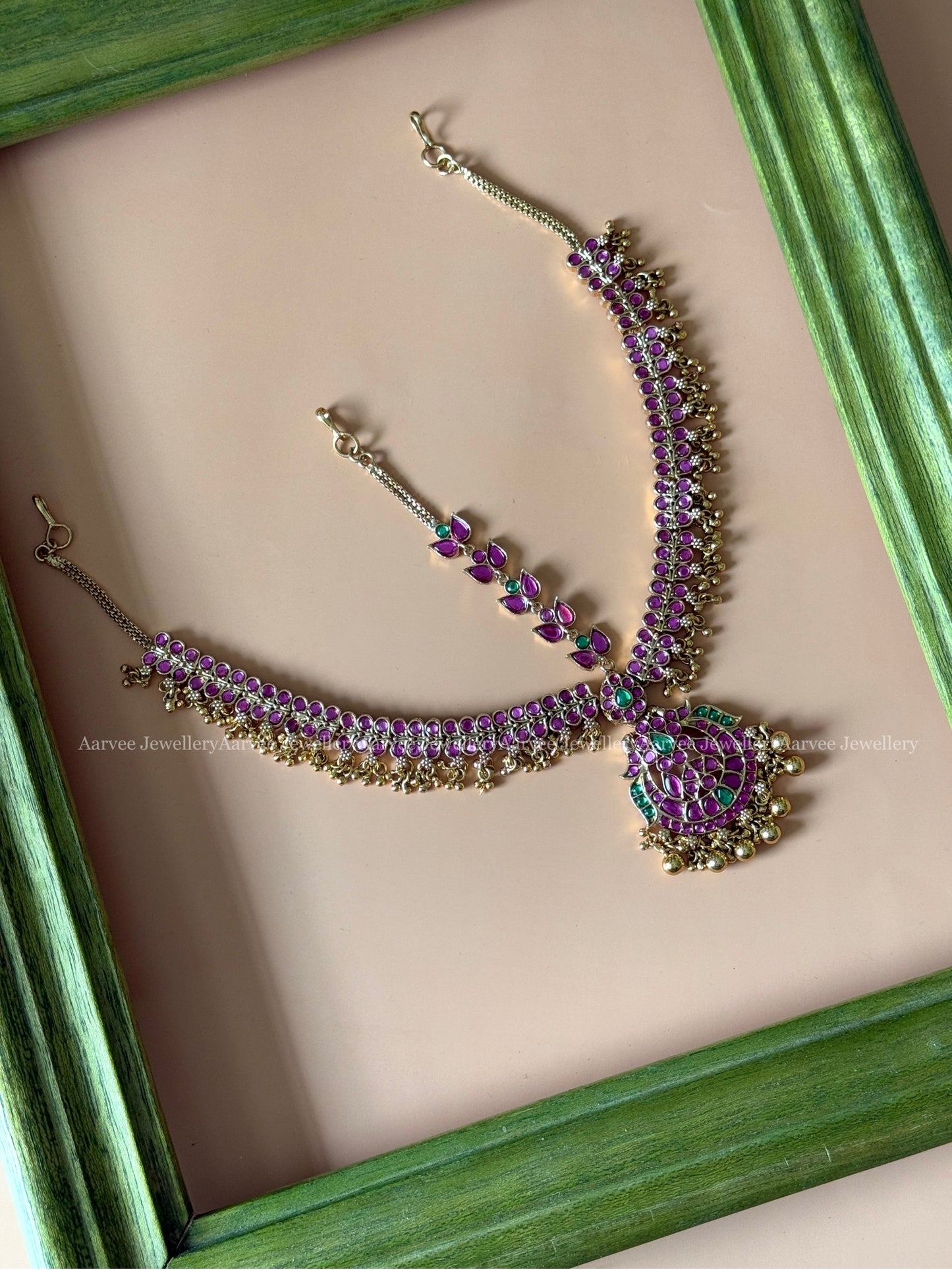 PREMIUM KEMP PINK /GREEN STONES MATHAPATHI WITH GOLD BEADS