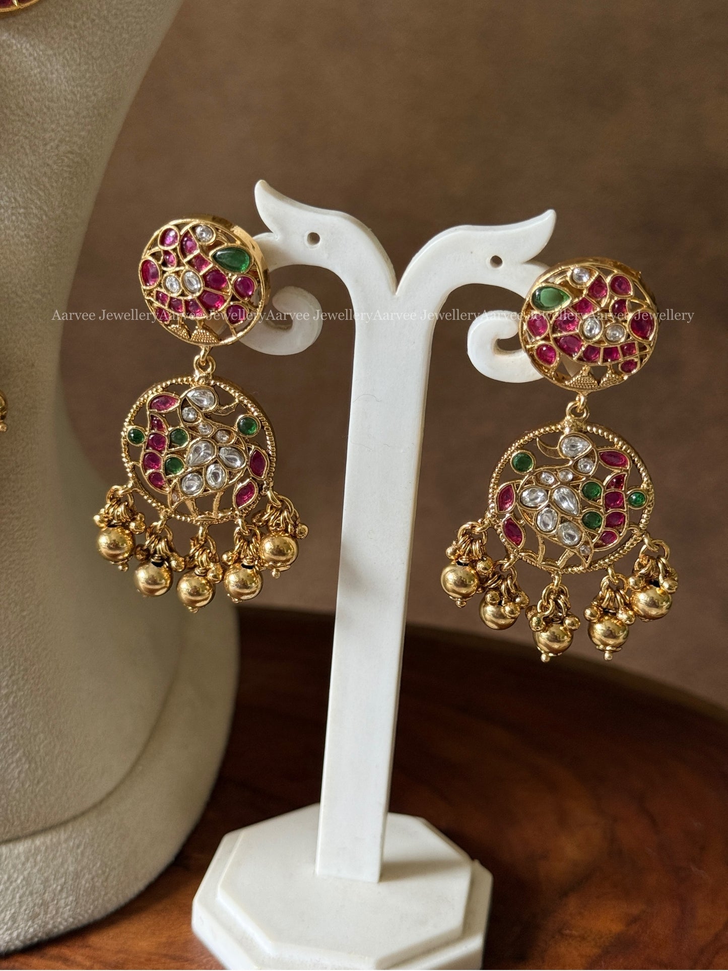 PREMIUM KEMP STONES PEACOCK PENDANT LONG HARAM SET WITH GOLD BEADS