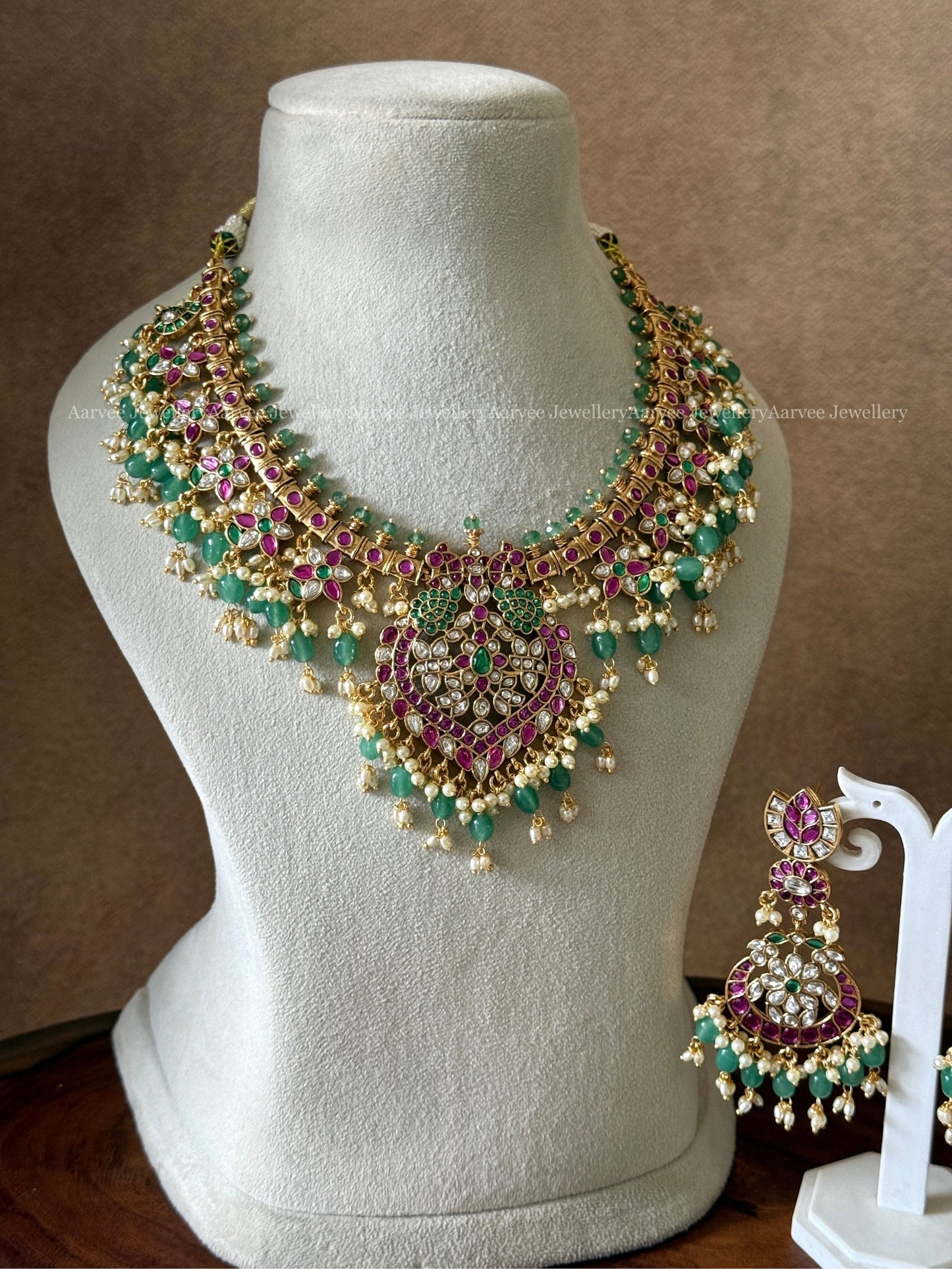 PREMIUM KUNDAN STONES PEACOCK & FLORAL MOTIF GUTTA PUSALU NECKLACE SET WITH PASTEL BEADS