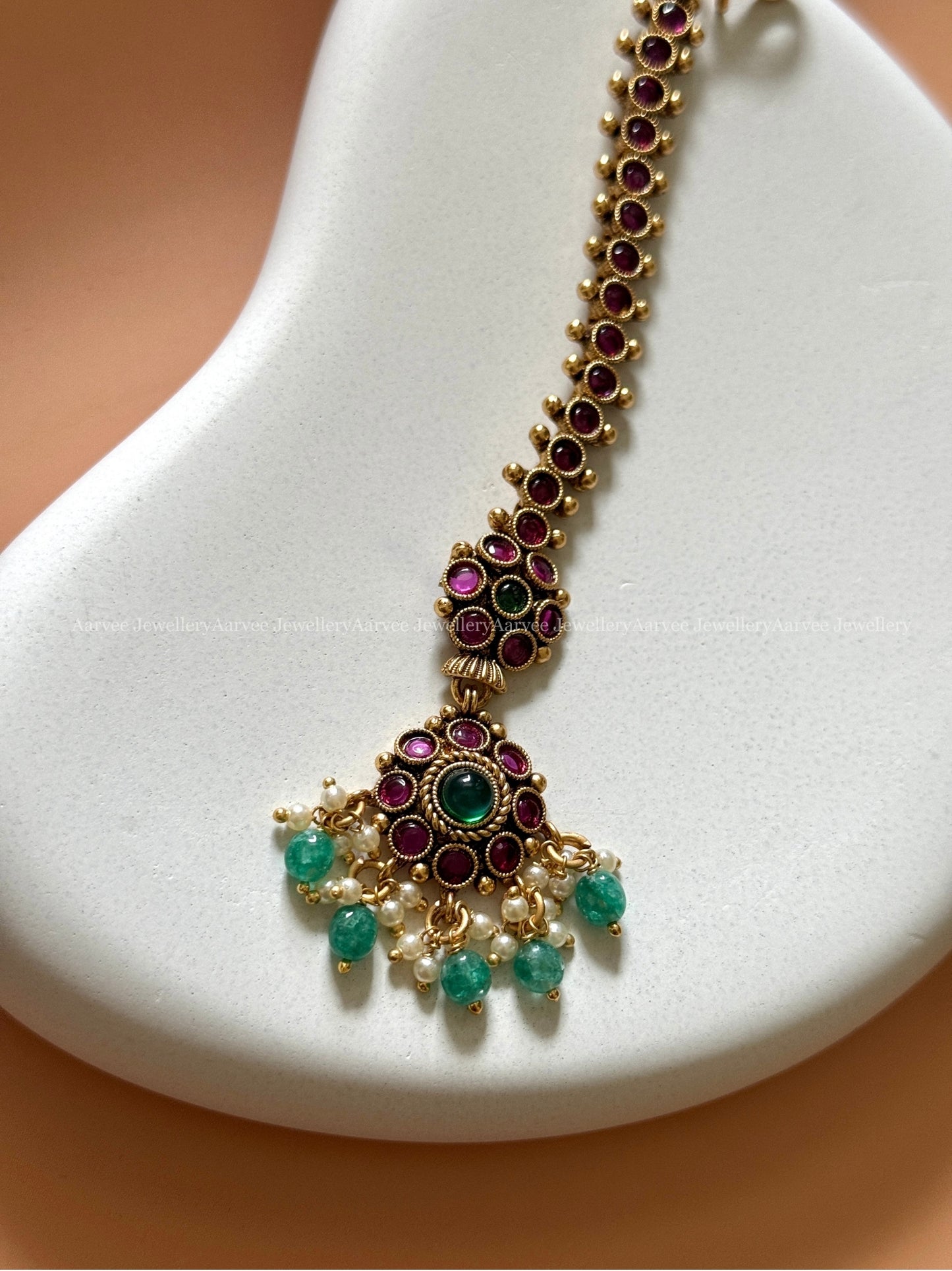 KEMP DEEP RUBY / GREEN STONE FLORAL TIKKA WITH PASTEL BEADS