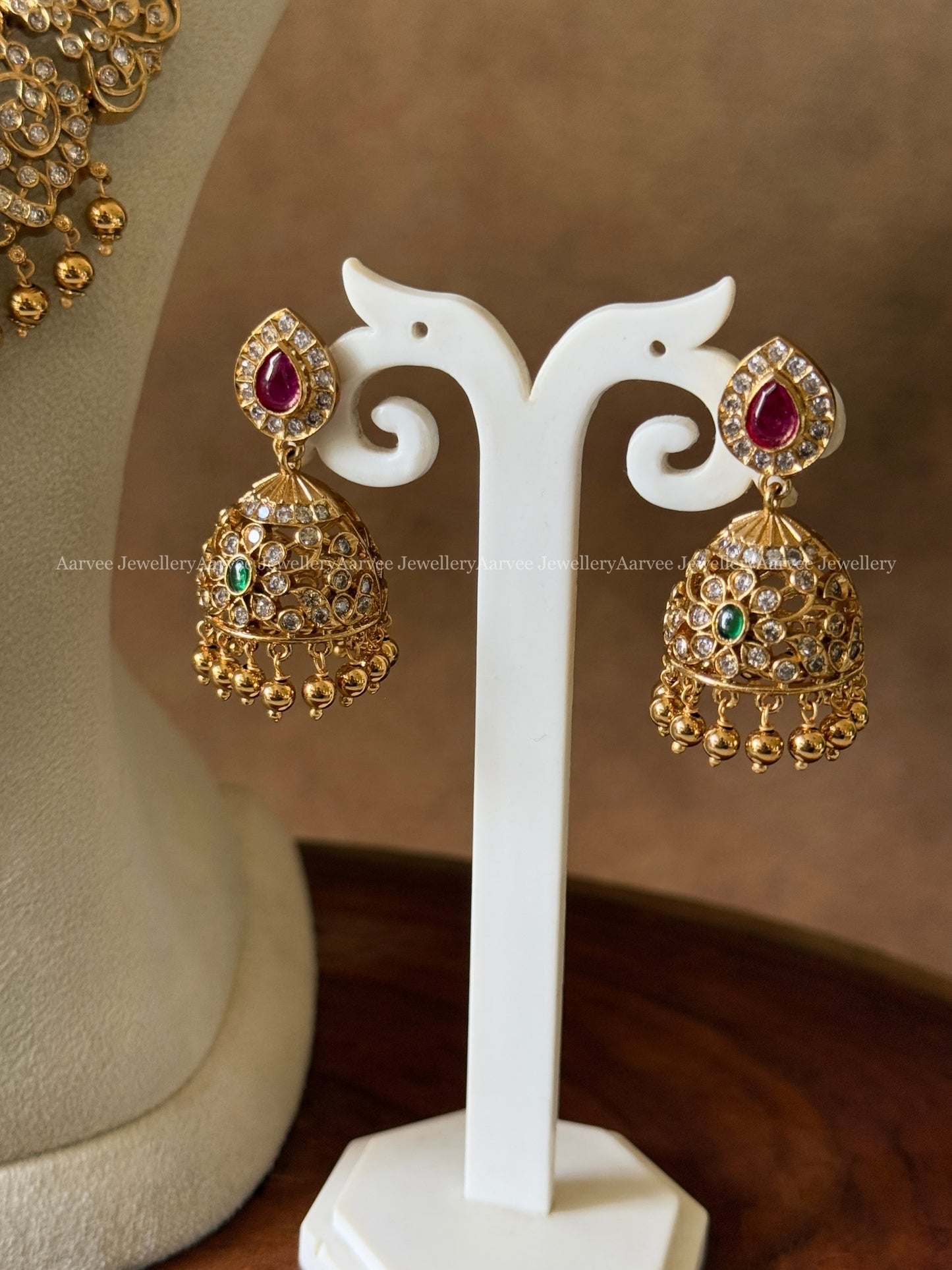COMBO - CZ RED STONE NECKLACE AND CZ RED STONE HARAM SET WITH GOLD BEADS