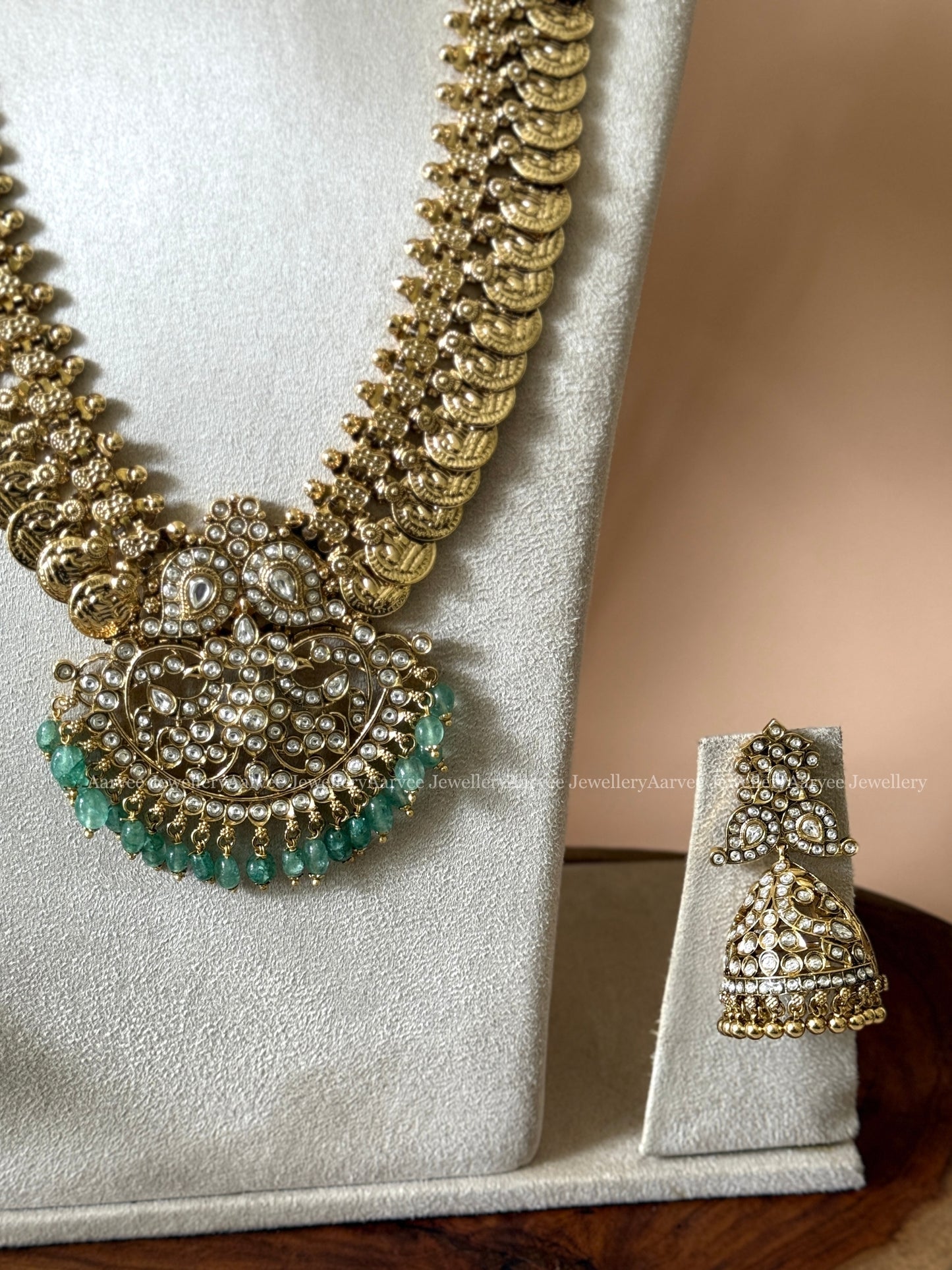COMBO - KUNDAN SINGLE PENDANT CHOKER| ANTIQUE GOLD FINISH MID LENGTH COIN SET WITH MANGO MOTIF PENDANT WITH PASTEL BEADS