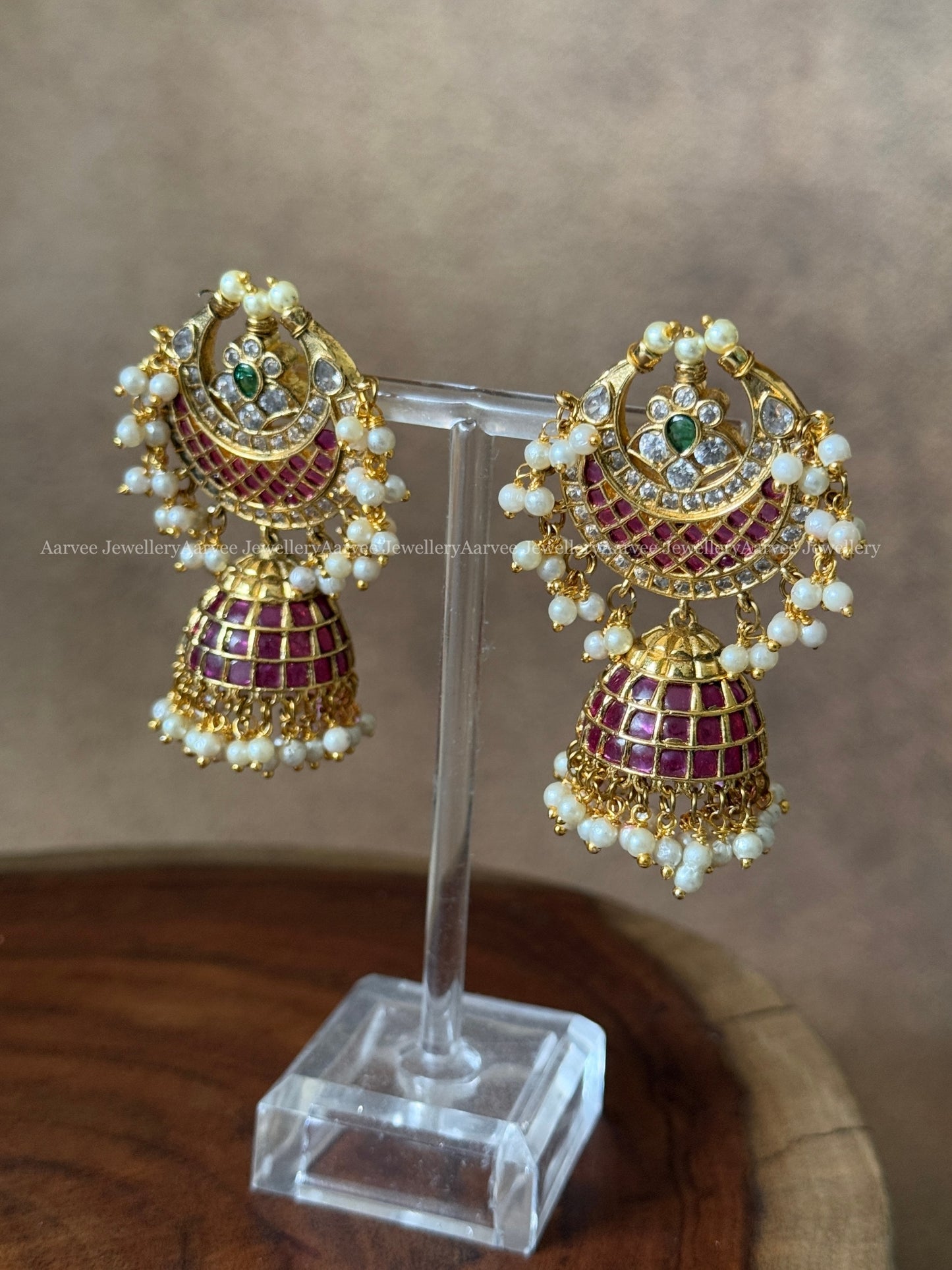 PREMIUM KEMP STONE CHAND DESIGN JHUMKI WITH RUBY / GREEN STONE & PEARLS