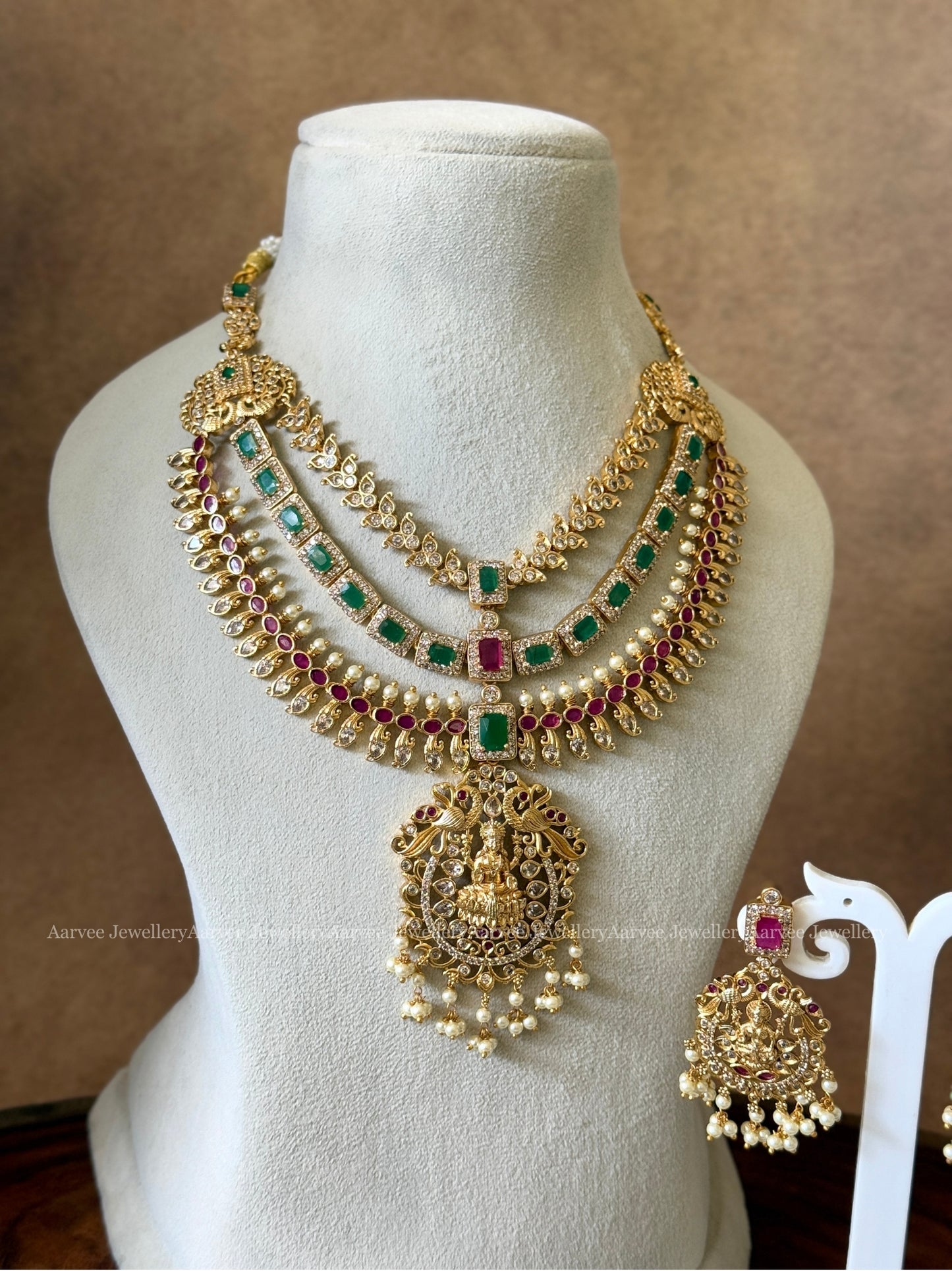 CZ RUBY / GREEN STONE LAYERED NECKLACE SET WITH LAKSHMI PENDANT