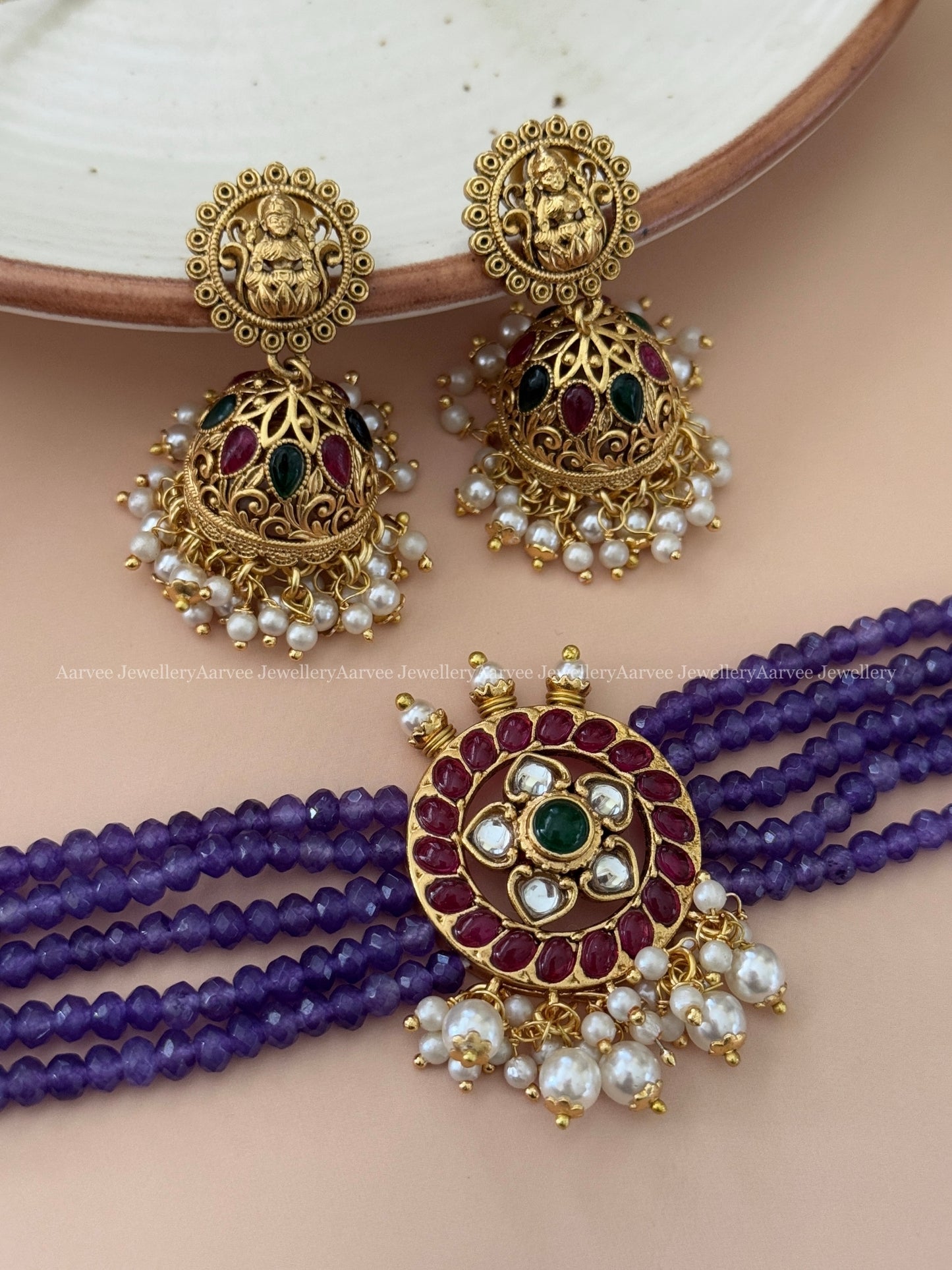 PURPLE BEADED ROUND CHOKER SET WITH RUBY / GREEN STONES AND PEARLS